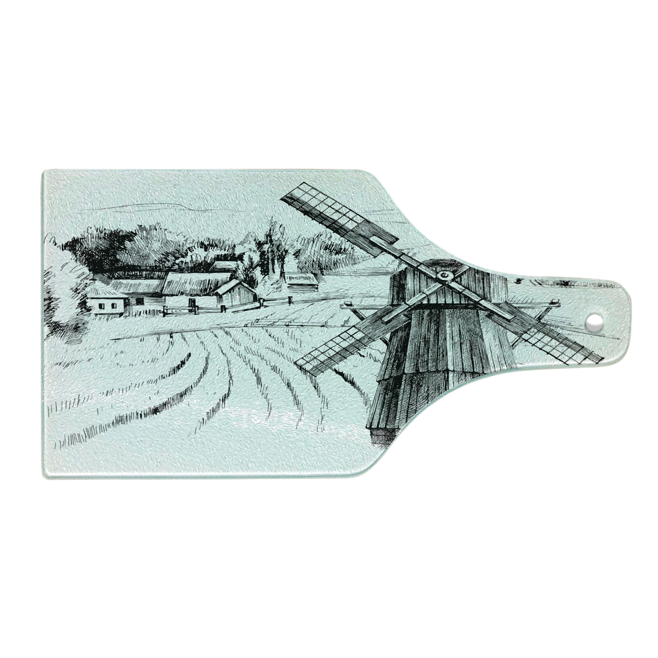 Ambesonne Landscape Cutting Board - Hand Drawn Rural Scenery with Small Town, Farm Houses, Forest and Mill - Romantic Sketch Design on Tempered Glass for Cutting & Serving - Wine Bottle Shaped Board in Black & White - Perfect for Kitchen Decor, Charcuterie Platters & Wine Pairing Parties