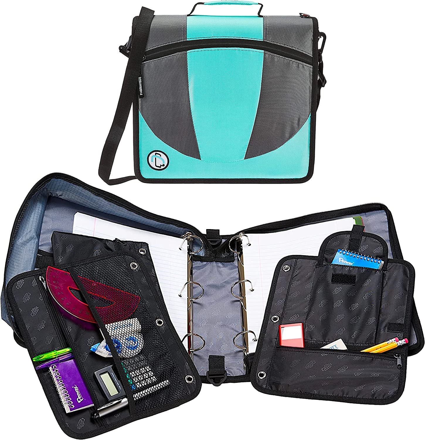 Case-it The Dual 2-in-1 Zipper Binder with 1.5 Inch D-Rings, Pencil Pouch & Multiple Pockets - 600 Sheet Capacity, Includes Shoulder Strap - Spearmint Green - Perfect for School, College, Office Organization & Document Storage (Dual-101)