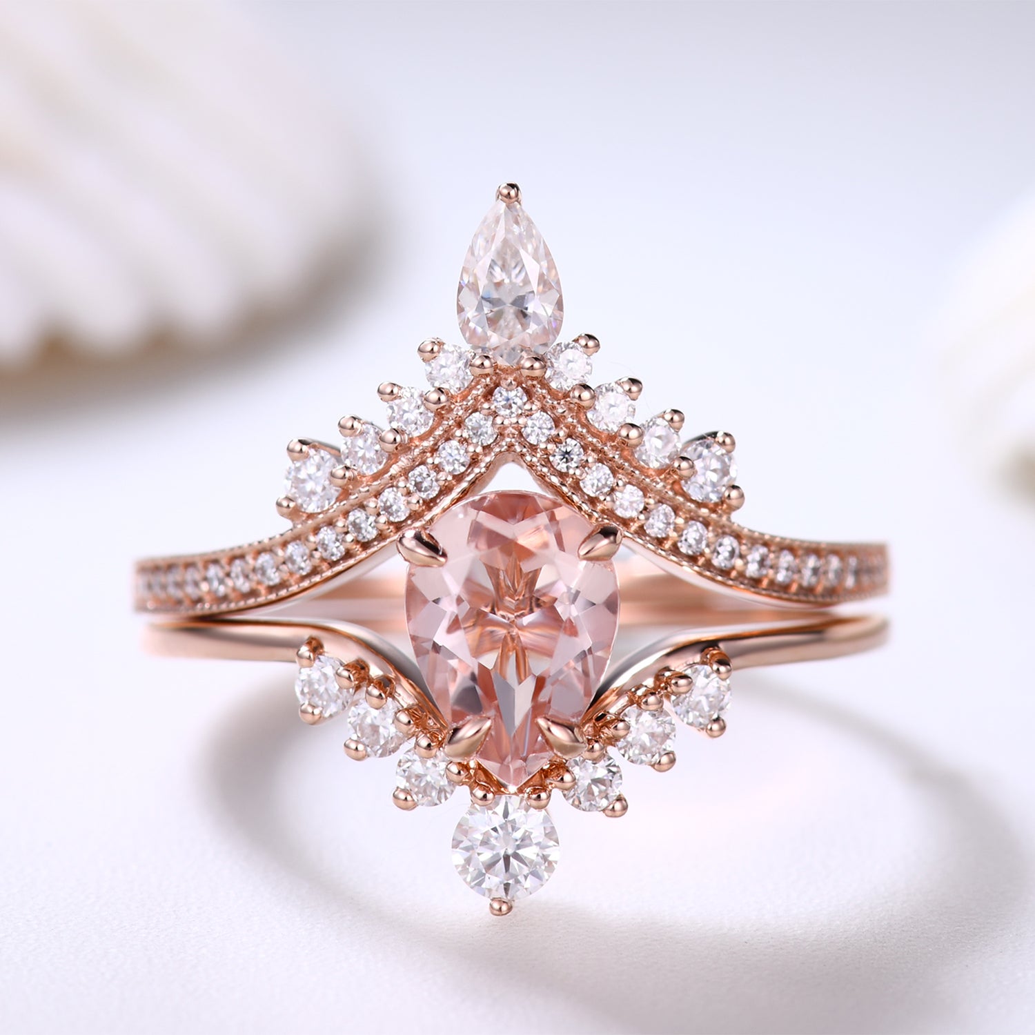 Morganite and Moissanite Teardrop Bridal Ring Set with Curved Chevron Band - Unique Crown Design for Engagement, Wedding, Anniversary Gift - Perfect for Proposals, Bridal Jewelry, and Special Occasions