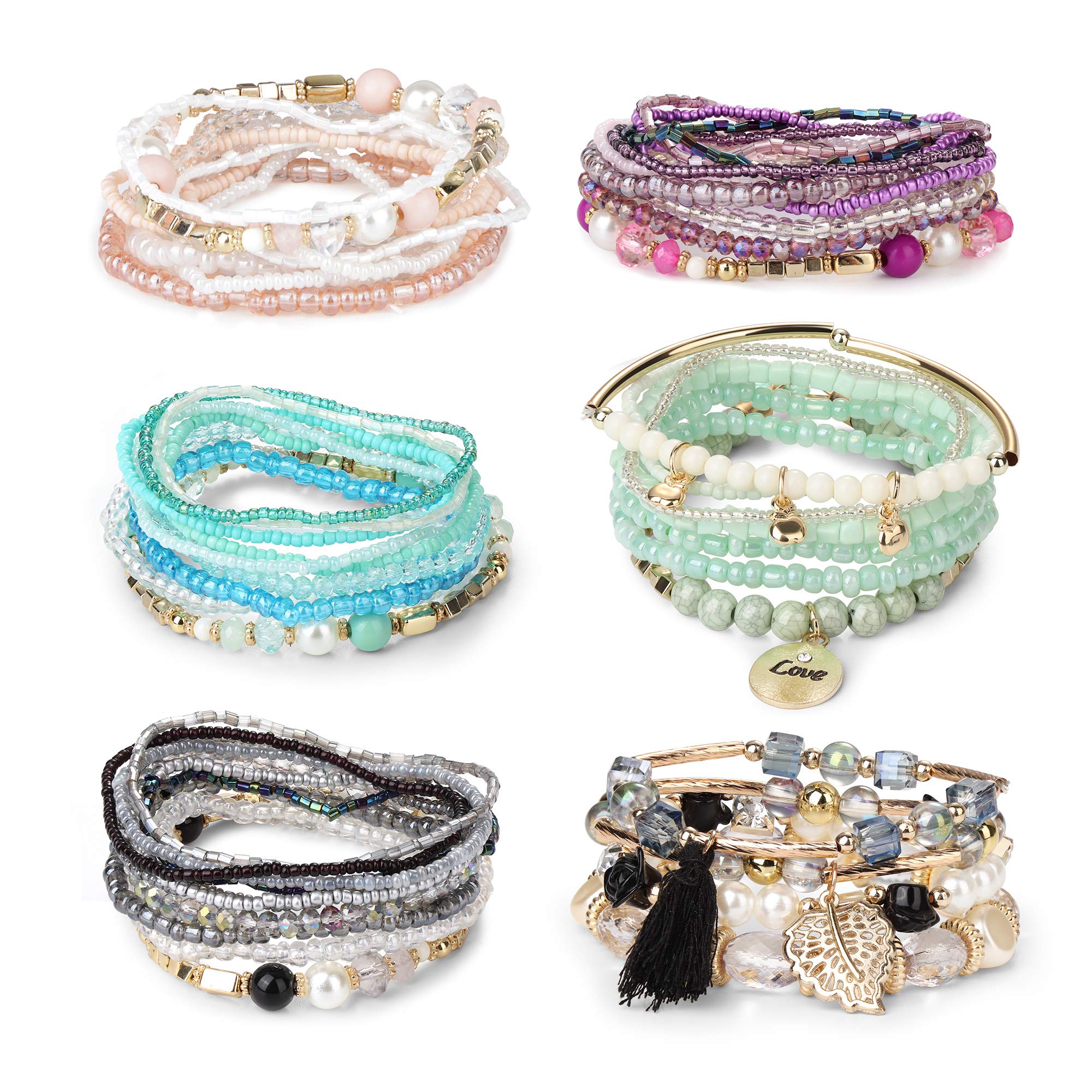 FIBO STEEL 6-Pack Bohemian Stackable Bead Bracelets for Women - Stretchy Multilayered Boho Jewelry Set in Vibrant Colors | Perfect for Casual Wear, Festivals, and Gift Giving