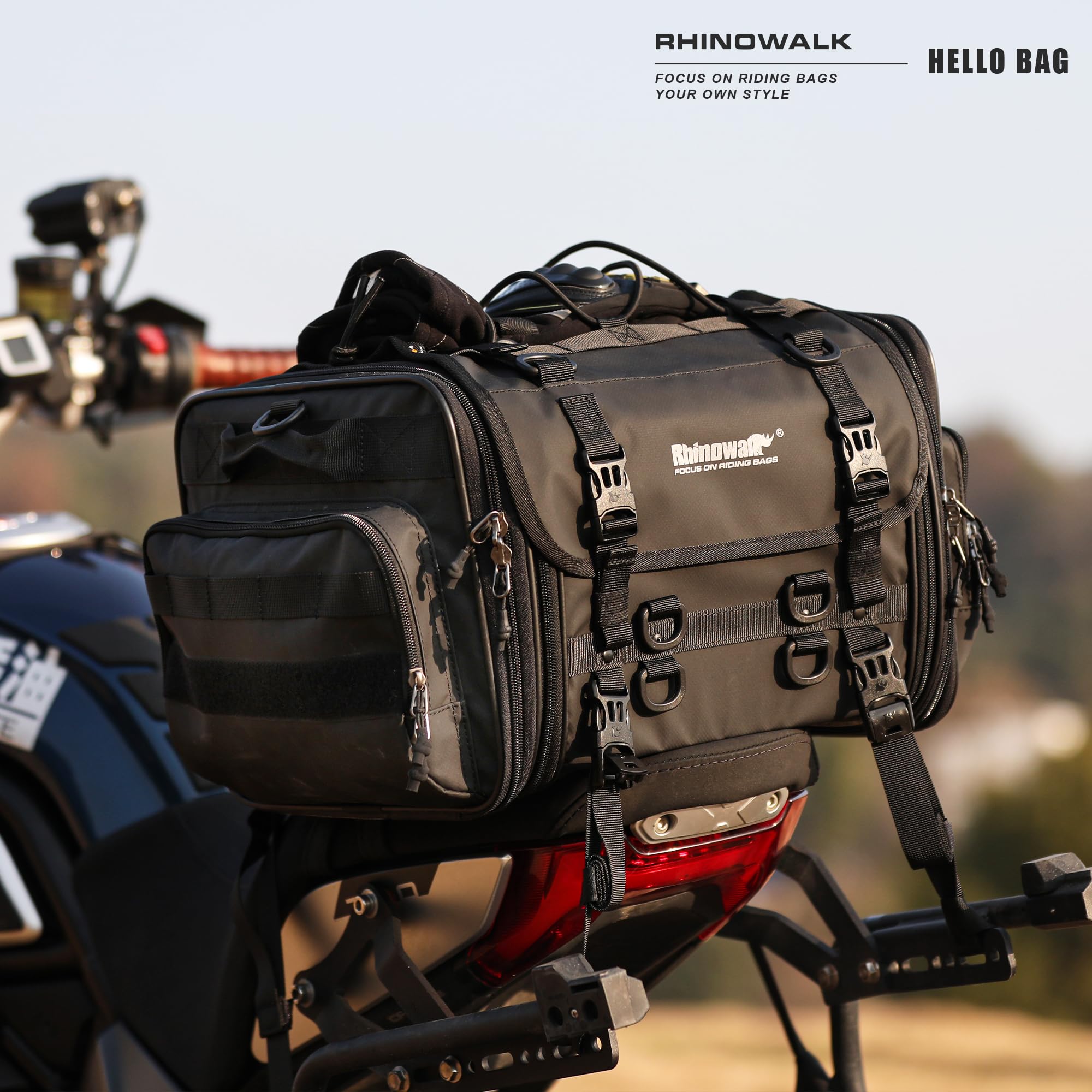 Rhinowalk 80L Expandable Motorcycle Tail Bag - Waterproof Saddle Bag with Straps for Travel & Commuting