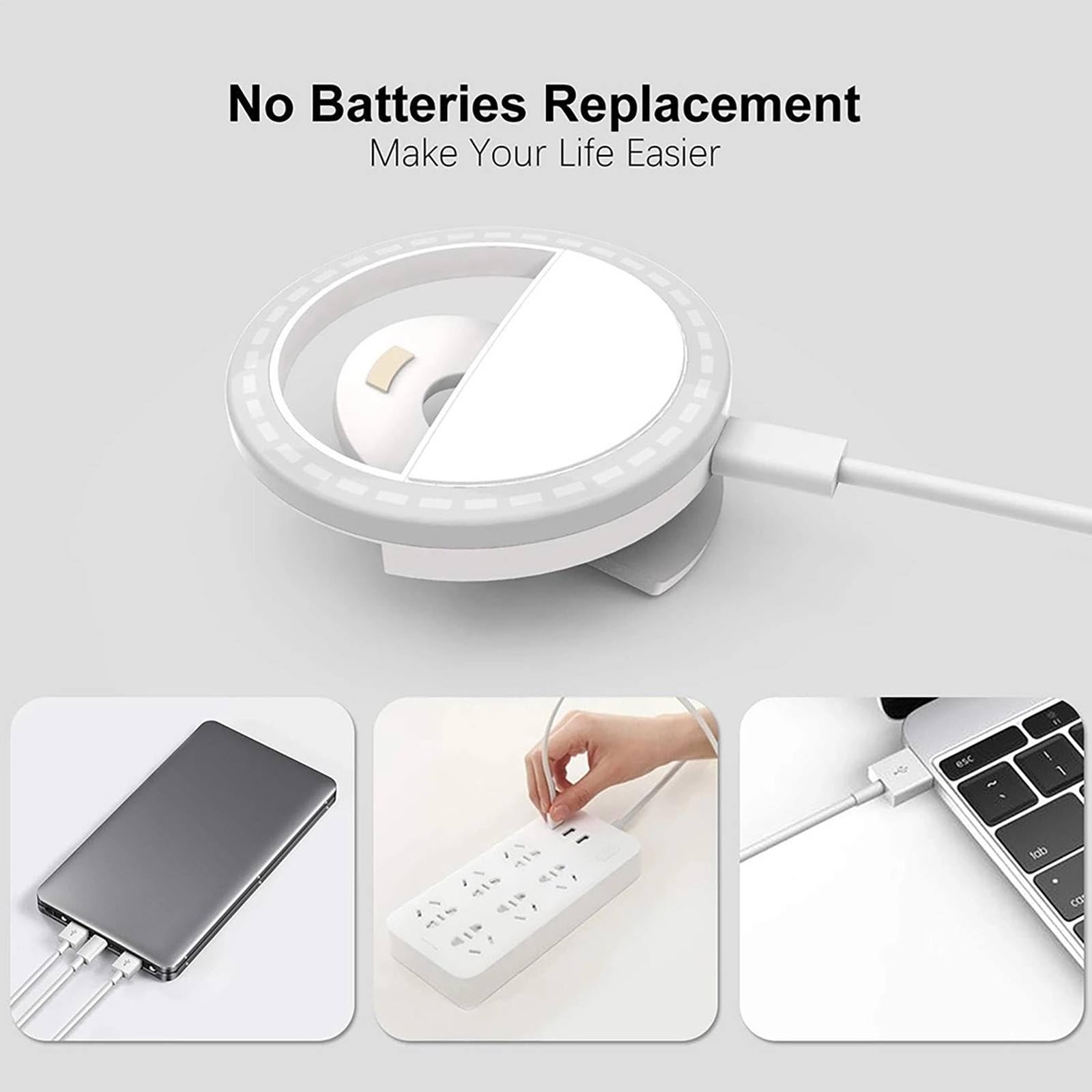 Mini Selfie Ring Light with Clip - Rechargeable LED Light for Phone, Tablet, Laptop & Camera - 3 Adjustable Brightness Levels (White) - Perfect for Video Calls, TikTok, YouTube & Live Streaming