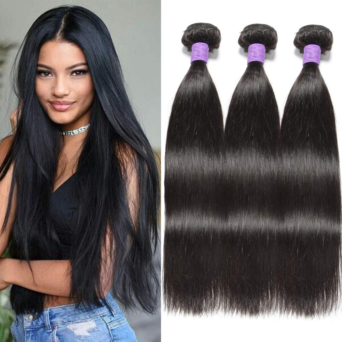 10A Peruvian Straight Human Hair 3 Bundles (10/12/14 Inches) - 100% Virgin Unprocessed Human Hair Extensions for Black Women - Natural Color for Daily Styling, Weaving & Protective Hairstyles