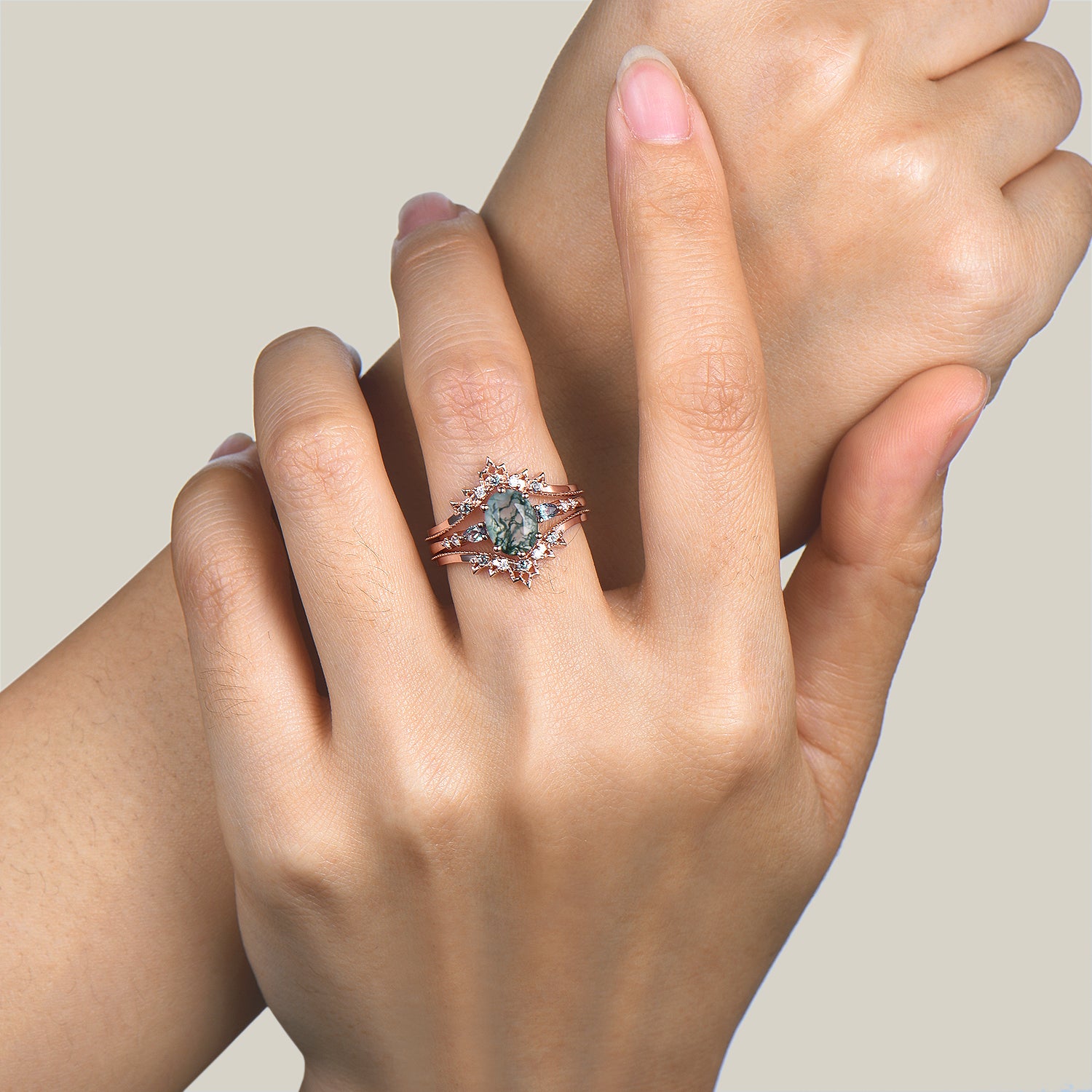 Natural Oval Cut Moss Agate Engagement Ring with Alexandrite & Diamond Accents - Wedding Band Enhancer for Bridal Jewelry & Special Occasions
