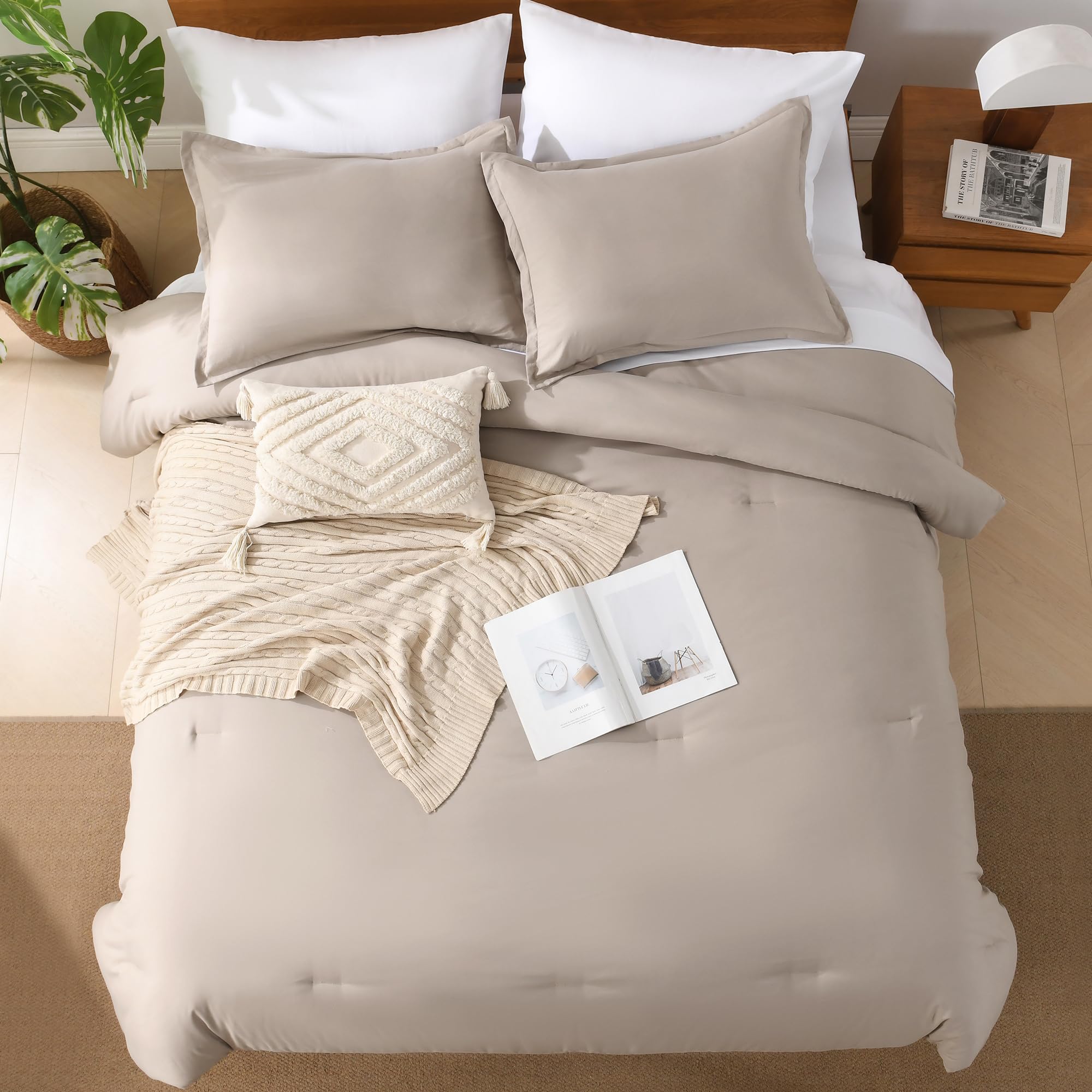 King Size Comforter Set - 7 Piece Bed in a Bag with Soft Lightweight Oatmeal Comforter, Fitted Sheet, Flat Sheet & Pillowcases | All-Season Luxury Bedding for Master Bedroom, Guest Room & Dorm