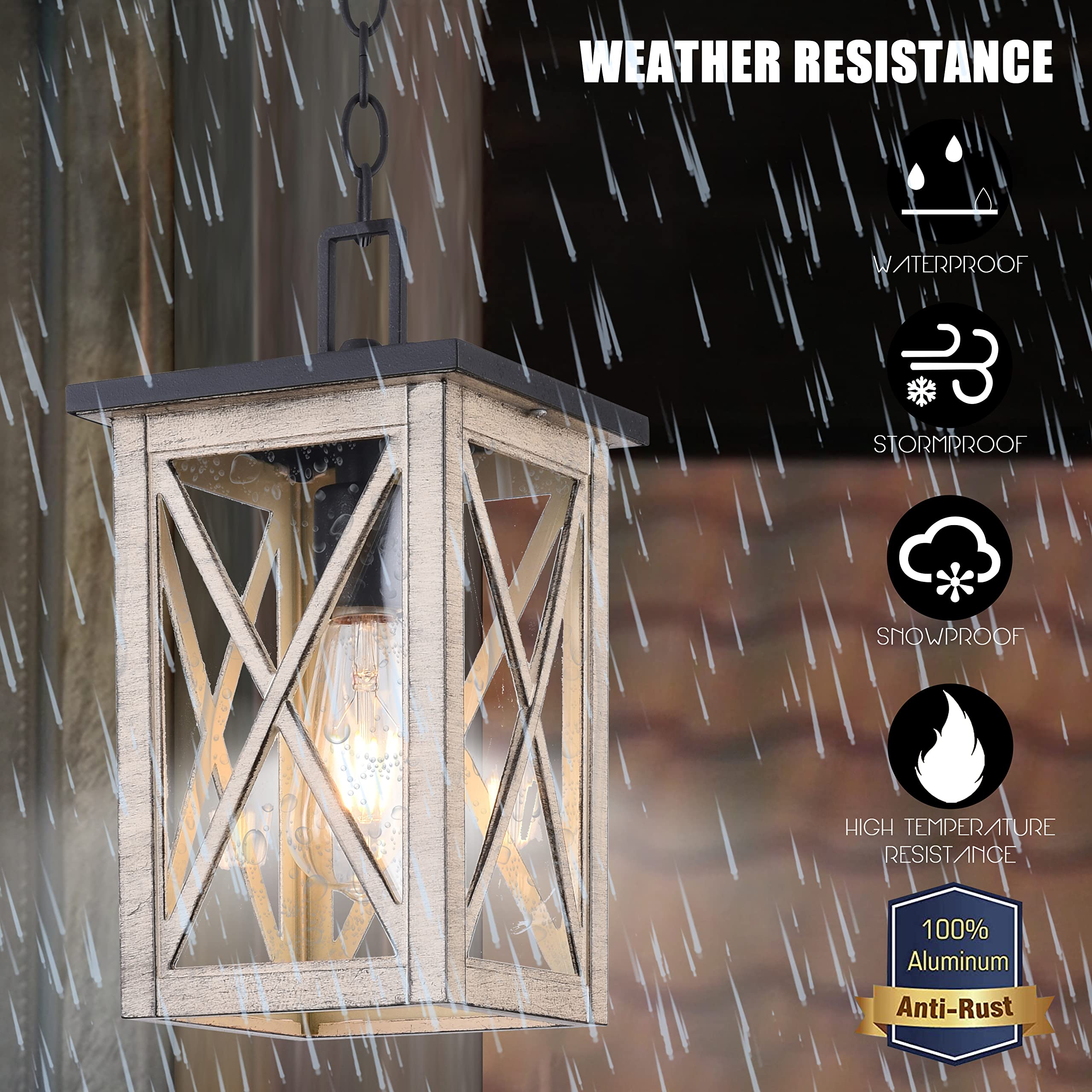 Outdoor Pendant Light - Waterproof Hanging Lantern with Wood Grain & Glass Shade - 1-Light Exterior Fixture for Porch, Patio, Entryway - Perfect for Garden, Deck, and Outdoor Dining Areas