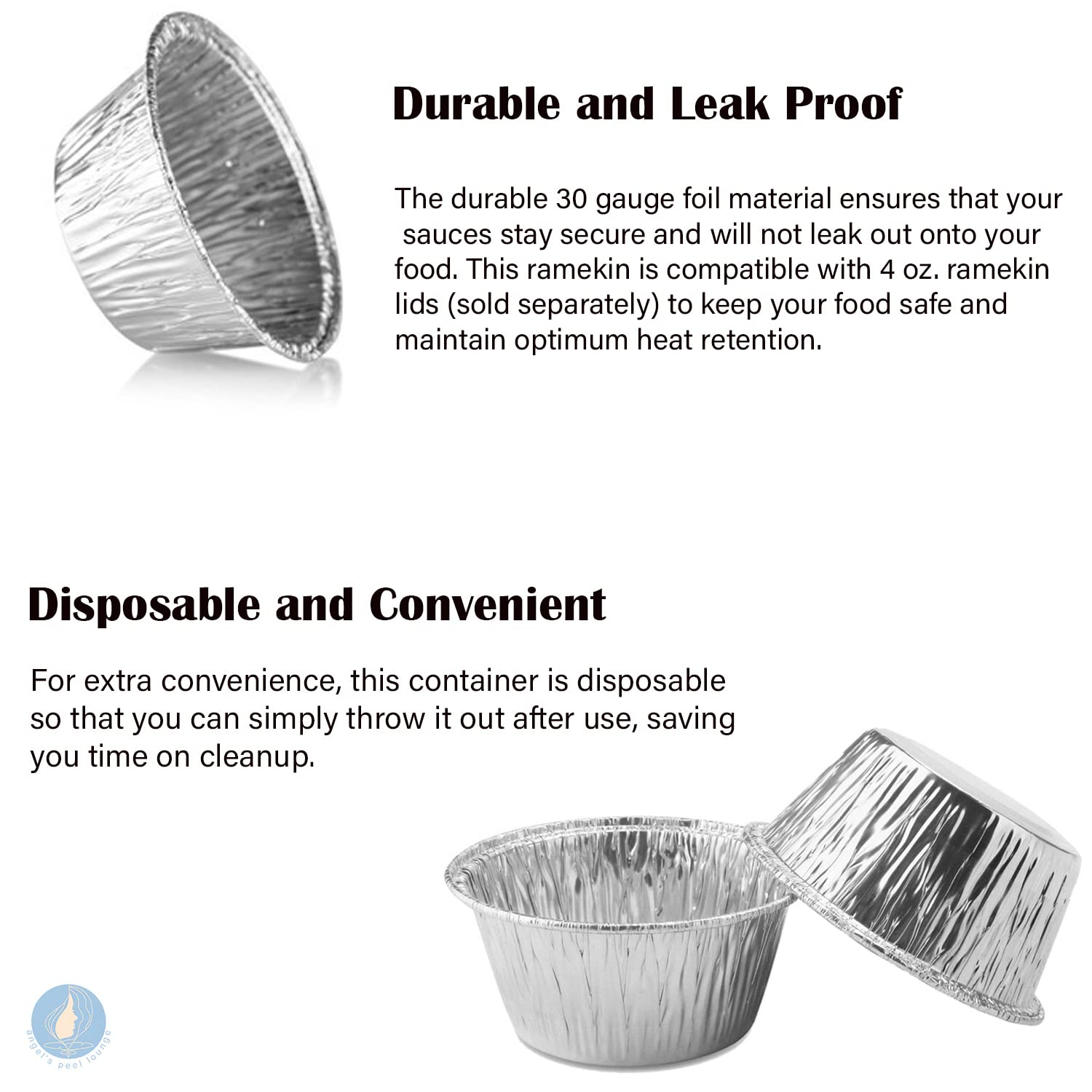 ANGEL’S PEEL LOUNGE 50-Pack 4 oz Disposable Aluminum Foil Baking Cups - Oven-Safe Ramekins for Cupcakes, Tarts, Souffles, Muffins & Creme Brulee - Perfect for Baking, Party Desserts & Food Prep