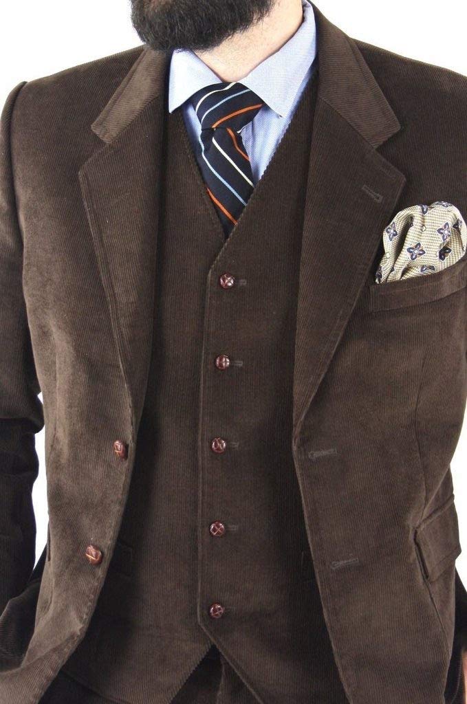 Men's Classic Corduroy 3-Piece Suit Set - Tuxedo Jacket, Vest & Pants for Prom, Party & Formal Events (Brown/Chocolate) - Perfect for Weddings, Business Meetings & Special Occasions
