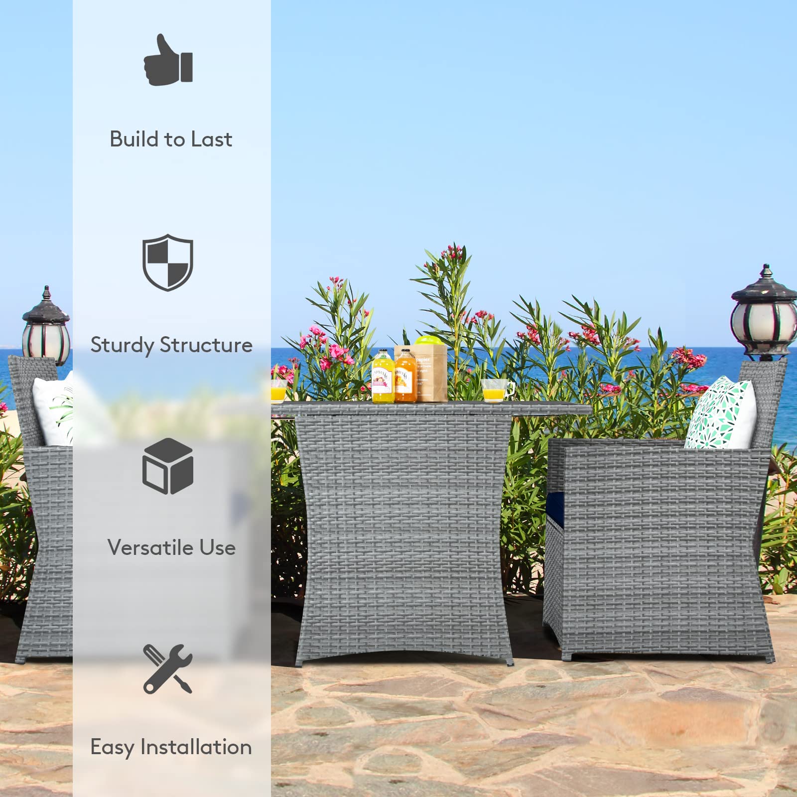 Tangkula 3-Piece Outdoor Dining Set - PE Rattan Bistro Set with Tempered Glass Table & Cushioned Chairs - Space-Saving Patio Furniture for Garden, Backyard, Poolside, Porch - Perfect for Al Fresco Dining, Outdoor Entertaining & Relaxation