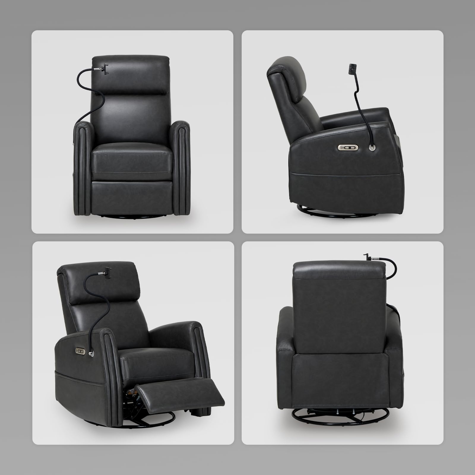 COLAMY Power Swivel Recliner Glider Rocking Chair with USB Charging Ports - Comfortable Nursery Chair for Baby Room, Living Room Accent Armchair & Bedroom Recliner - Charcoal Gray - Perfect for Nursing, Relaxing & Small Space Furniture
