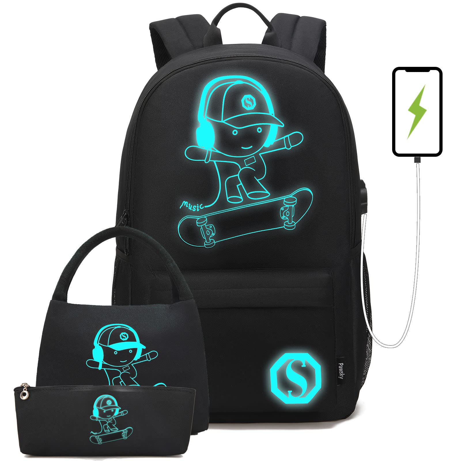 Kids Skateboard Anime Luminous Backpack with USB Charging Port & Anti-Theft Lock - Waterproof School Backpack for Teen Boys & Girls, Includes Lunch Bag & Pencil Case - Perfect for School, College, Travel & Outdoor Activities