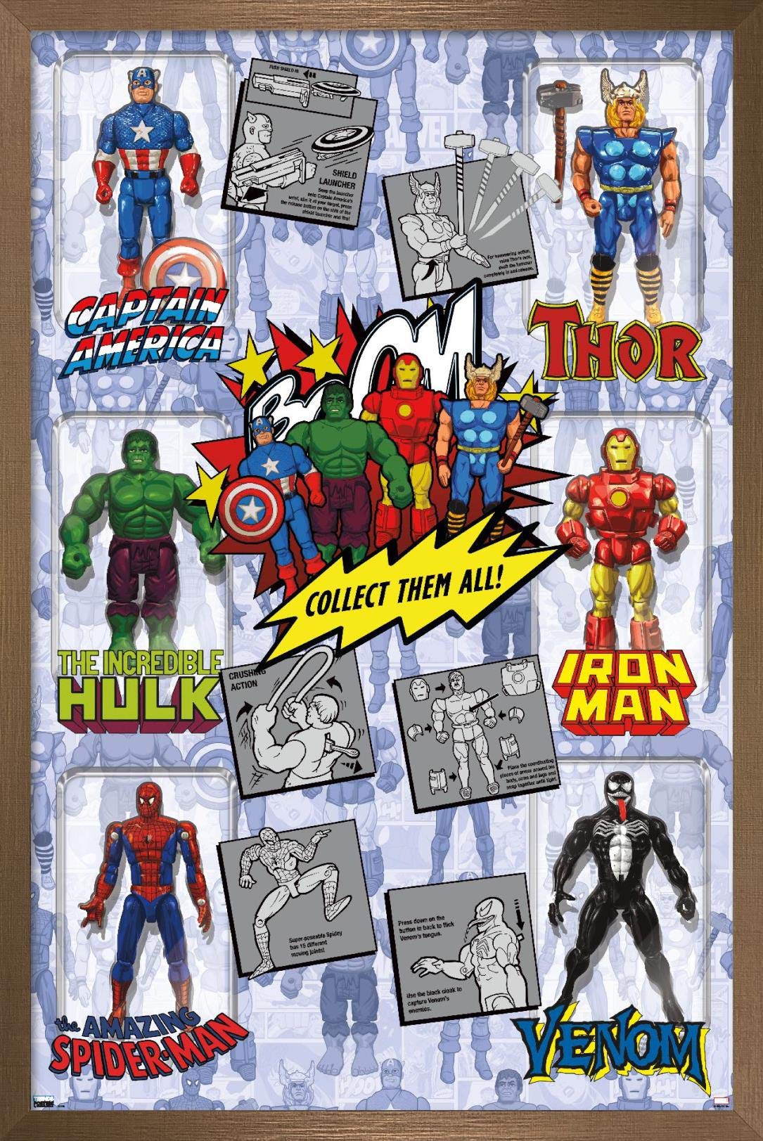 Marvel Comics Action Figures Wall Poster - Bronze Framed 14.725x22.375 Inch | Superhero Decor for Bedroom, Game Room & Office | Official Licensed Collectible