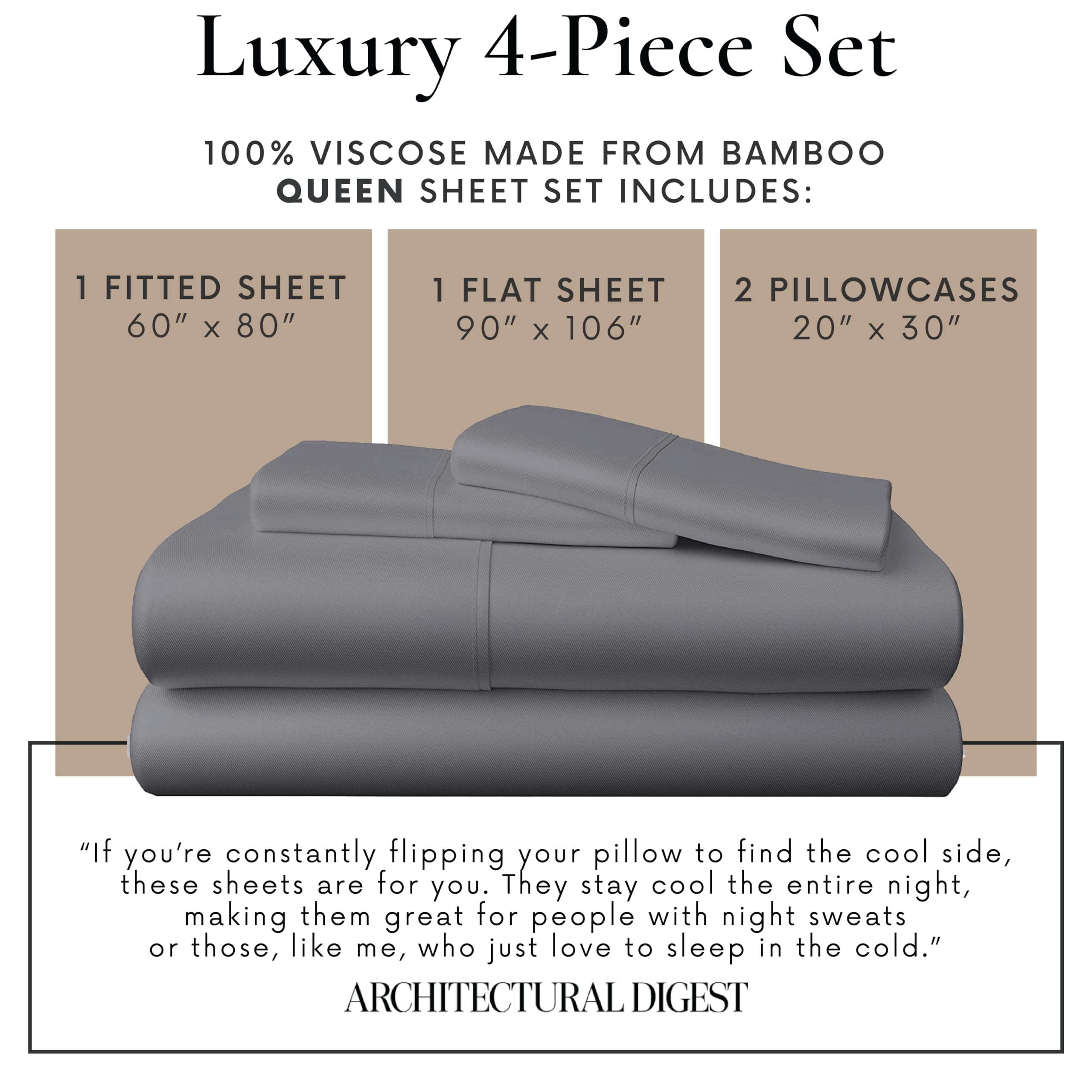 Bamboo Bay 4-Piece Queen Size Sheet Set - 100% Bamboo Viscose, Breathable & Ultra Soft Cooling Bed Sheets for Hot Sleepers - Deep Pocket Fits 16