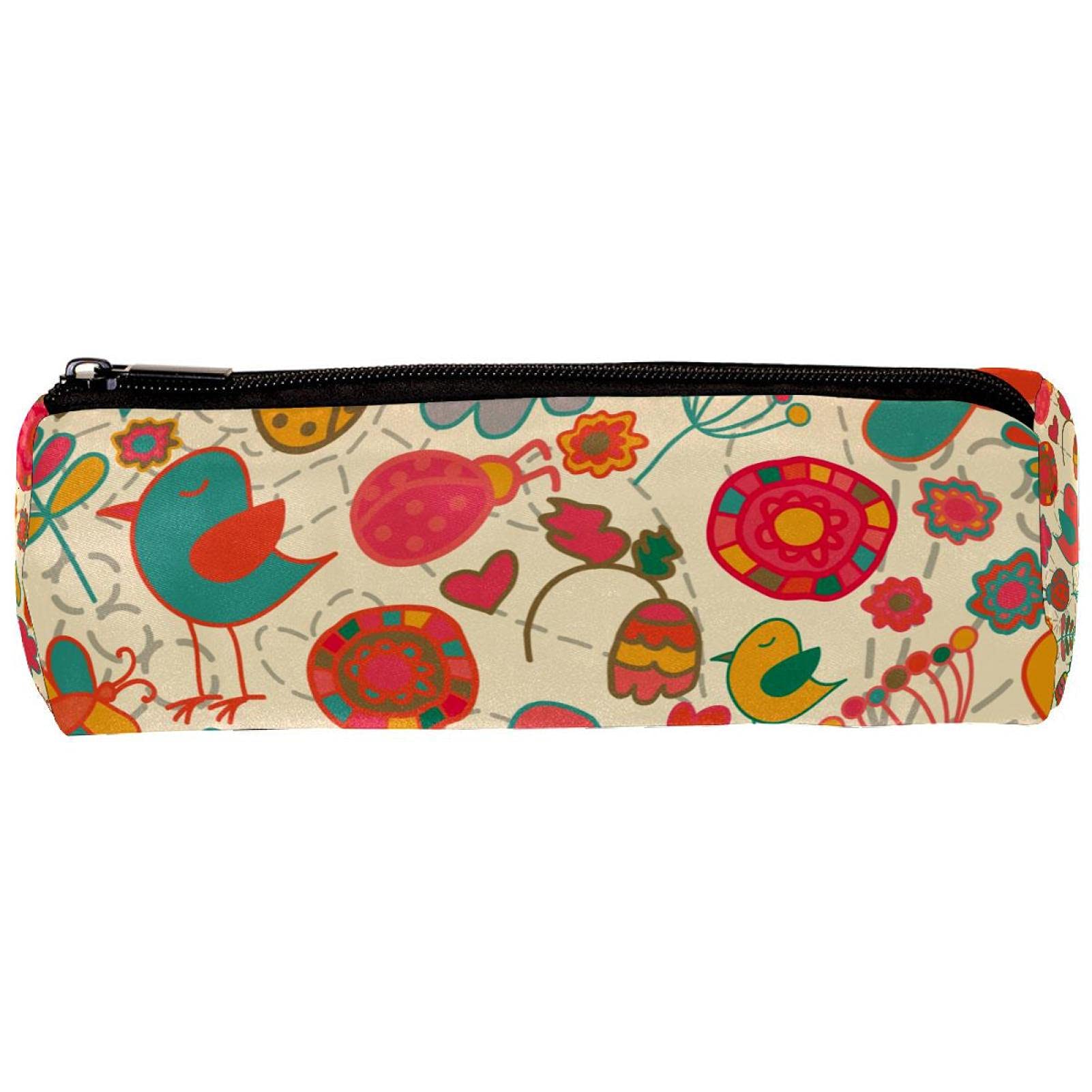 Floral Birds & Ladybugs Pencil Case for Women & Girls - Cute Makeup Brush Organizer & School Supply Pouch for Travel, Office & Classroom Use