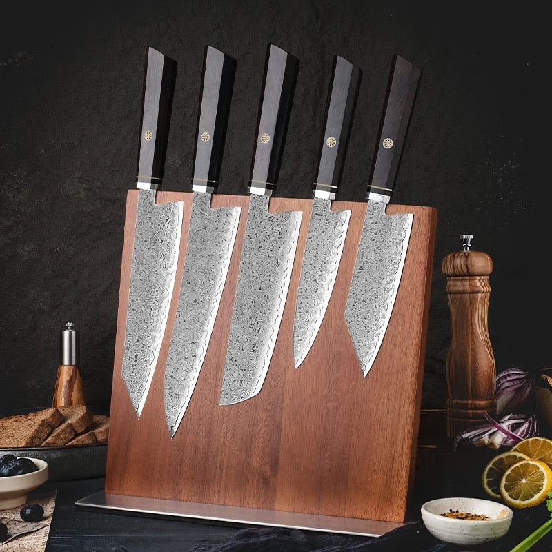 Premium Japanese VG10 Damascus 5-Piece Chef Knife Set with Exotic Ebony Wood Handle & Leather Sheath - Professional Kitchen Cutlery for Cooking, Slicing & Food Preparation