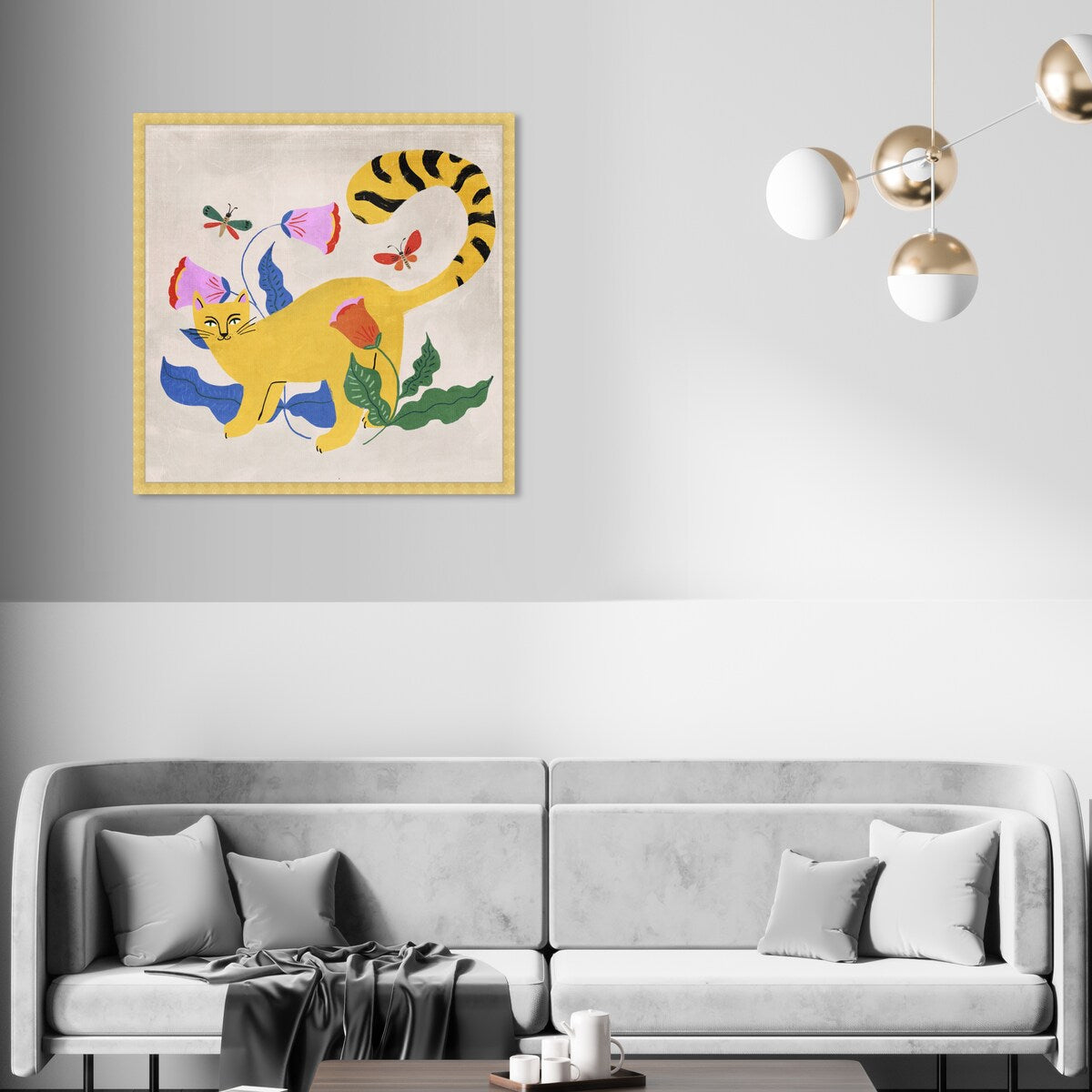 Blonde Tabby Floral Kitten Butterfly Garden Modern Yellow Framed Wall Art Print - Home Decor for Bedroom, Living Room & Nursery | Perfect Gift for Cat Lovers