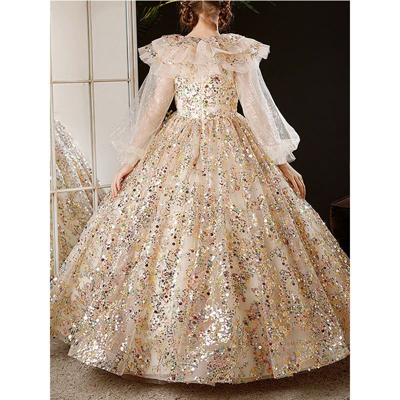 Sparkling Gold A-Line Flower Girl Dress with Sequins & Puff Sleeves - Perfect for Weddings, Pageants & Special Occasions