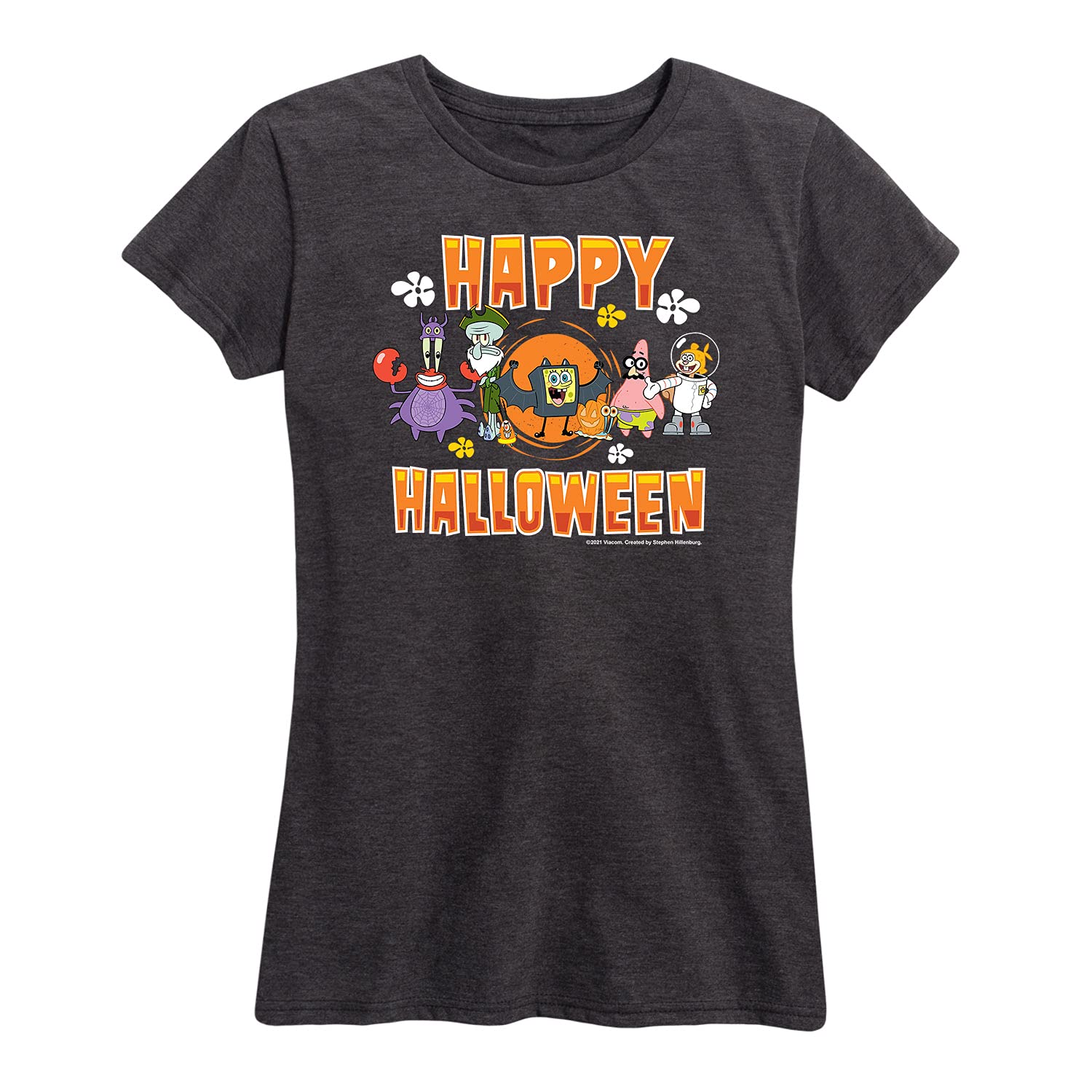 Spongebob Squarepants Happy Halloween Women's Short Sleeve Graphic T-Shirt | Funny Cartoon Costume Tee for Halloween Parties & Cosplay | Hybrid Apparel