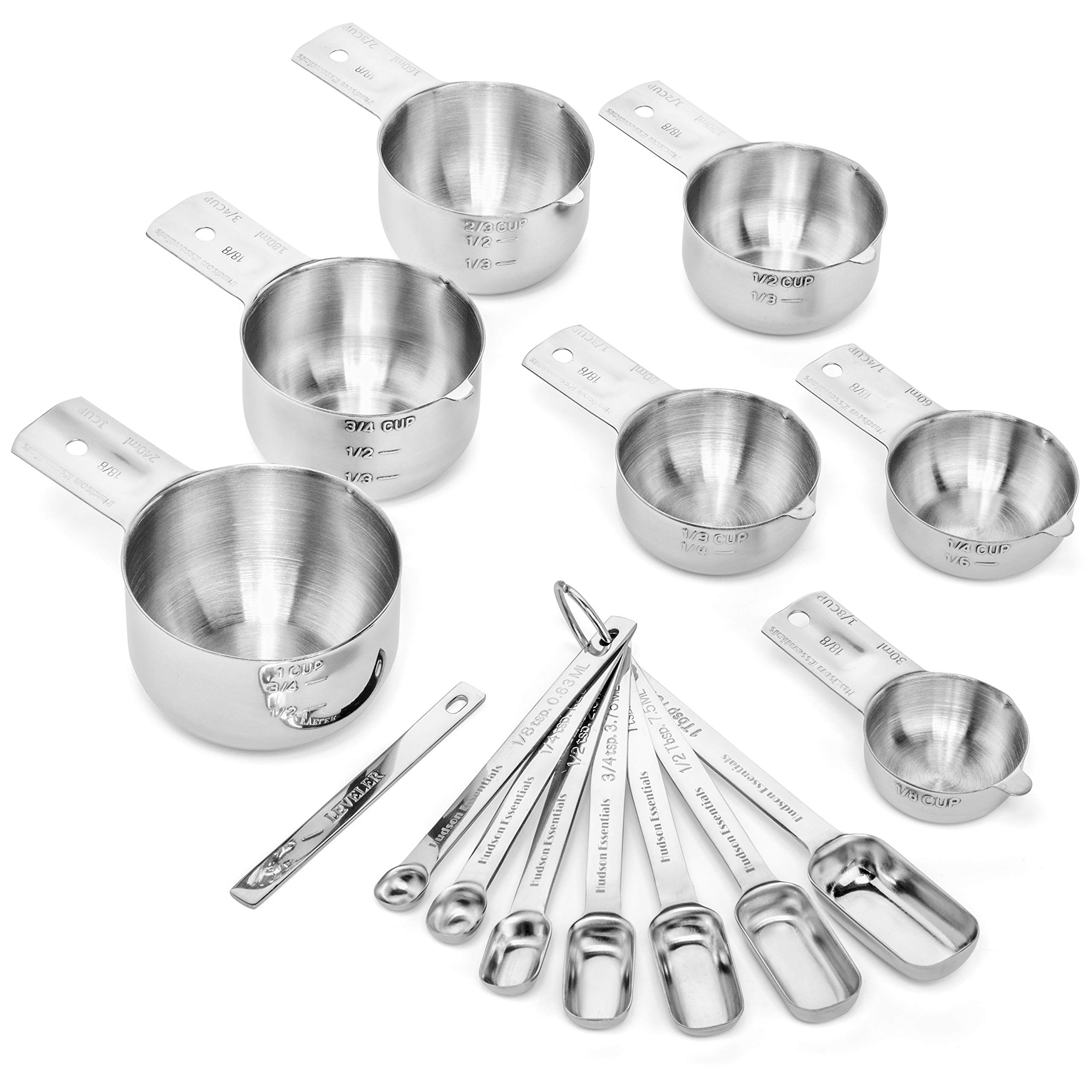 Hudson Essentials 14-Piece Stainless Steel Measuring Cups and Spoons Set - Durable Kitchen Tools for Baking, Cooking & Meal Prep - Perfect for Home Chefs & Professional Bakers