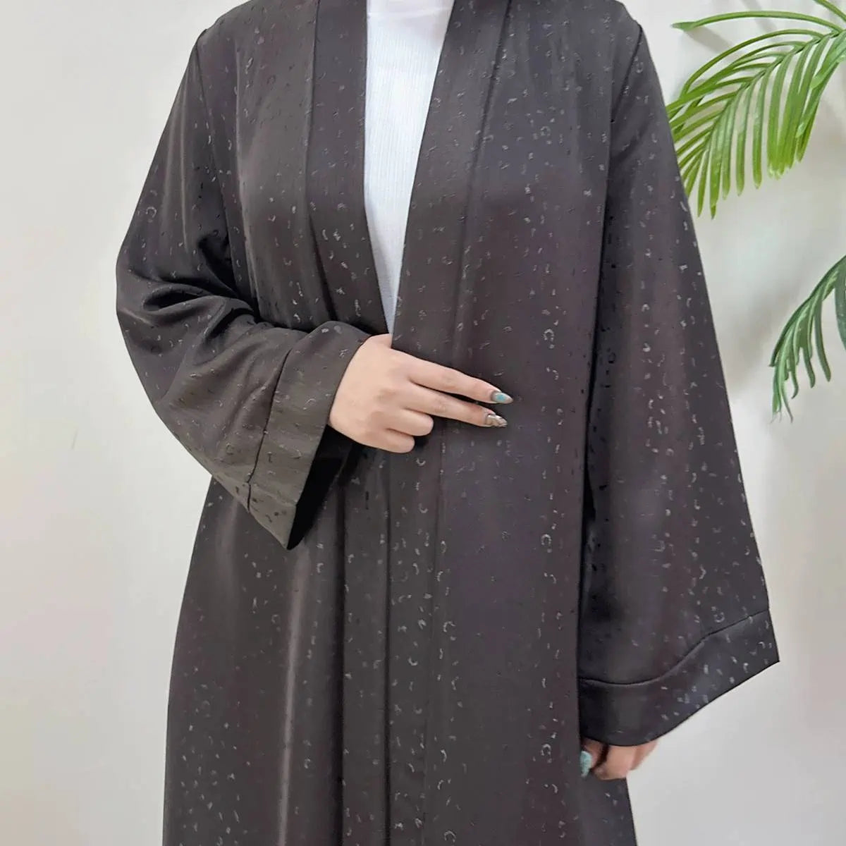 Elegant 3D Jacquard Satin Open Abaya Dress #25011 - Modest Muslim Prayer Dress for Women, Perfect for Eid, Wedding & Special Occasions