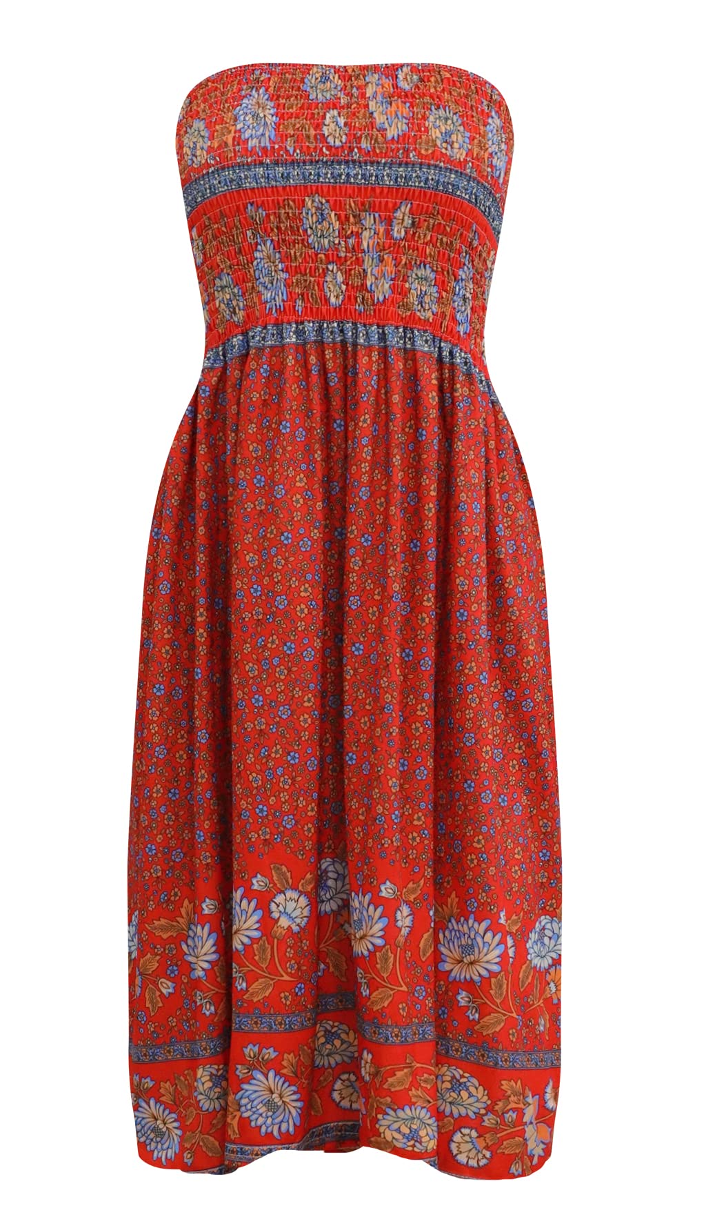 Boho Floral Strapless Tube Top Dress for Women - Summer Beach Casual Sundress in Red | Perfect for Vacations, Music Festivals & Pool Parties
