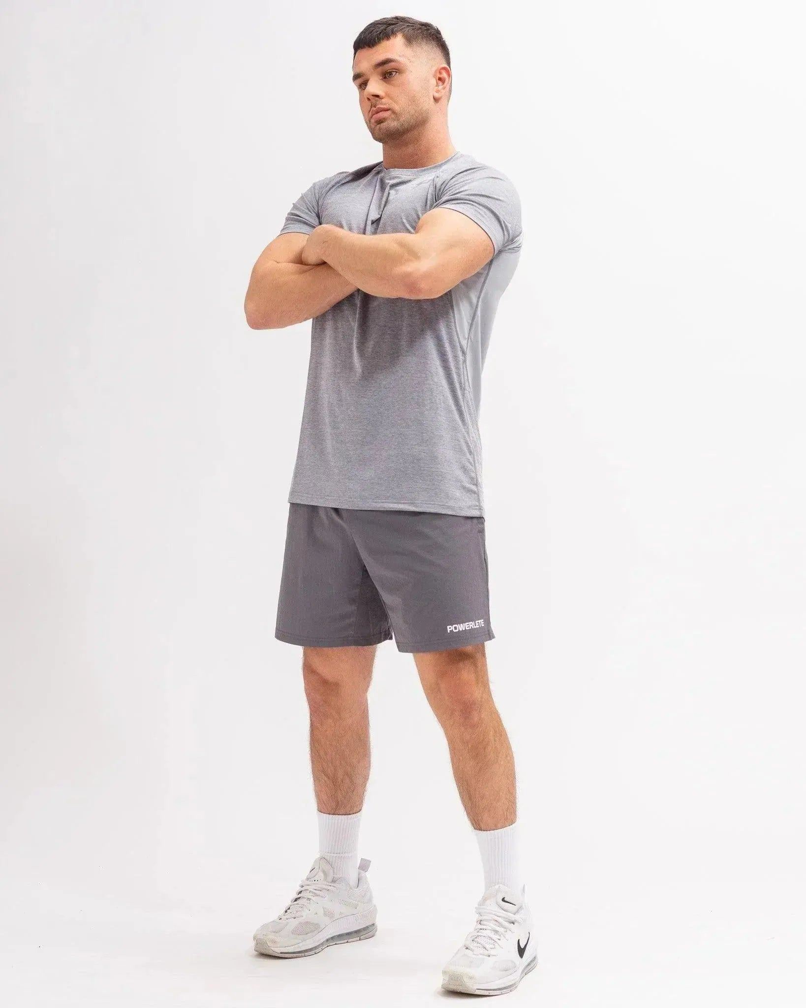 Powerlete Evolve Men's Workout Shorts - Lightweight, Breathable Gym Shorts for Running, Training & Fitness - Grey Athletic Shorts for Men