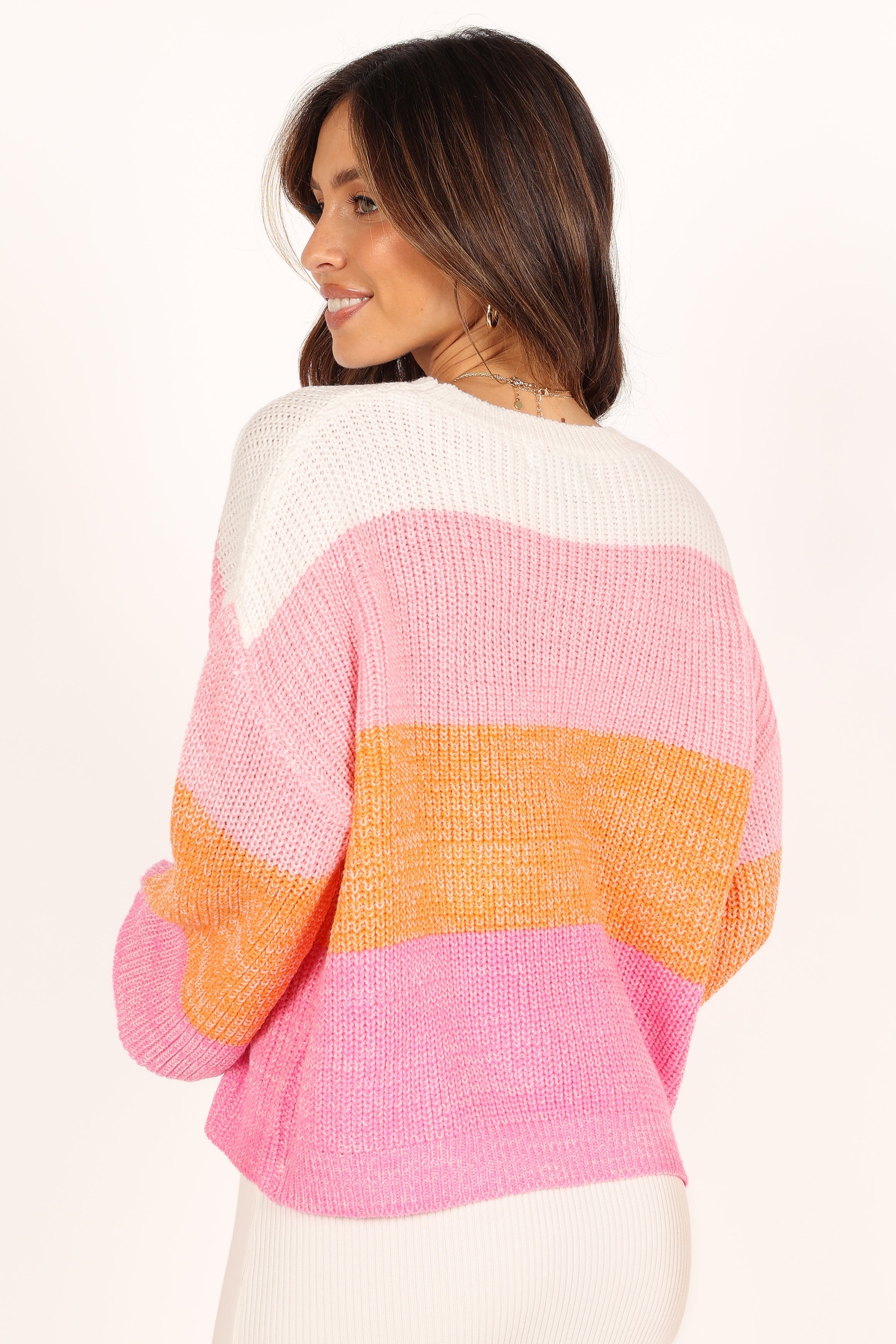 Danielle Knit Sweater Women's Pink Striped Pullover - Cozy Winter Fashion for Casual Outings & Office Wear