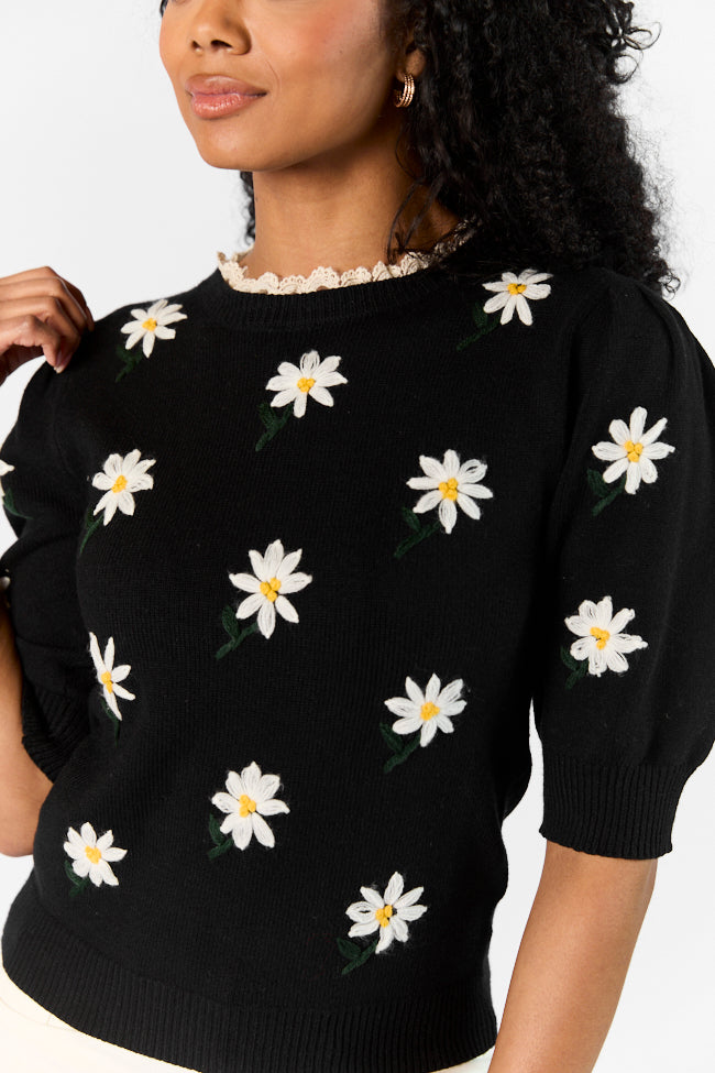 Black Floral Embroidered Lace Trim Short Sleeve Sweater - Elegant Garden Party Top for Women | Casual Spring Outfit & Romantic Date Night Blouse