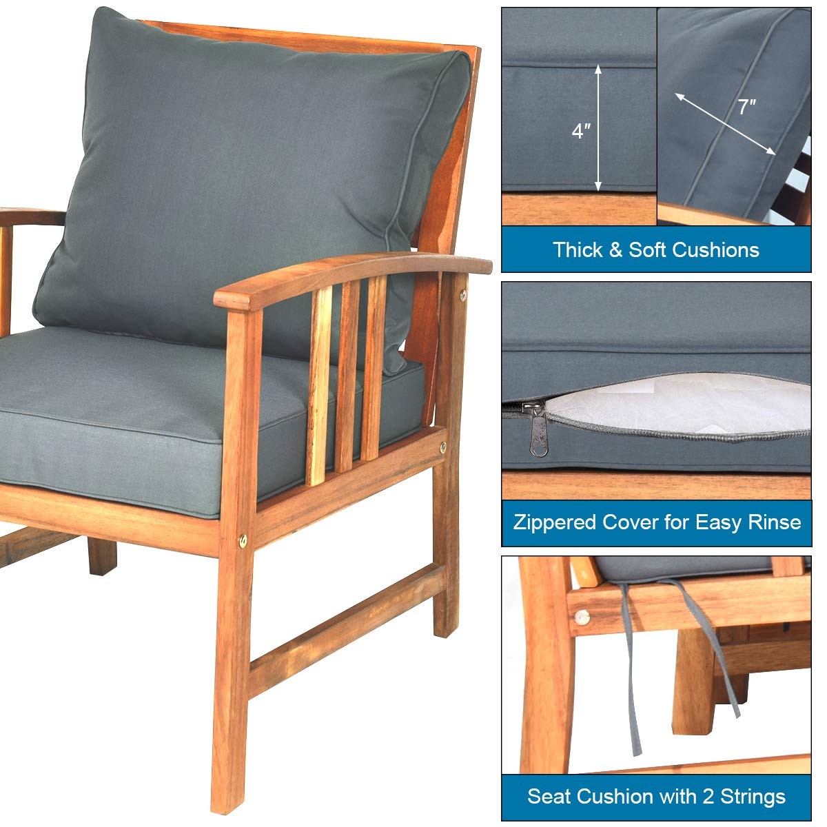Tangkula 4-Piece Acacia Wood Outdoor Patio Furniture Set with Gray Cushions & Back Pillows - Durable Garden Conversation Set with Coffee Table for Backyard, Poolside, Deck & Patio Relaxation