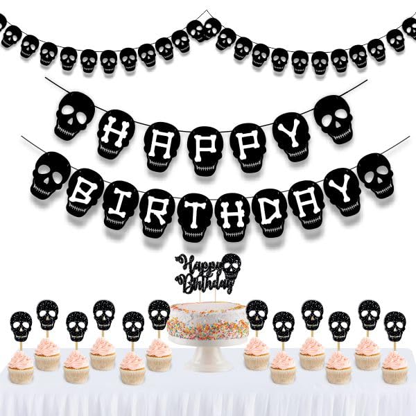 Black Skull Theme Birthday Party Decorations - Halloween, Gothic, or Punk Party Supplies for Adults & Teens - Perfect for Decorations, Photo Booths & Themed Events