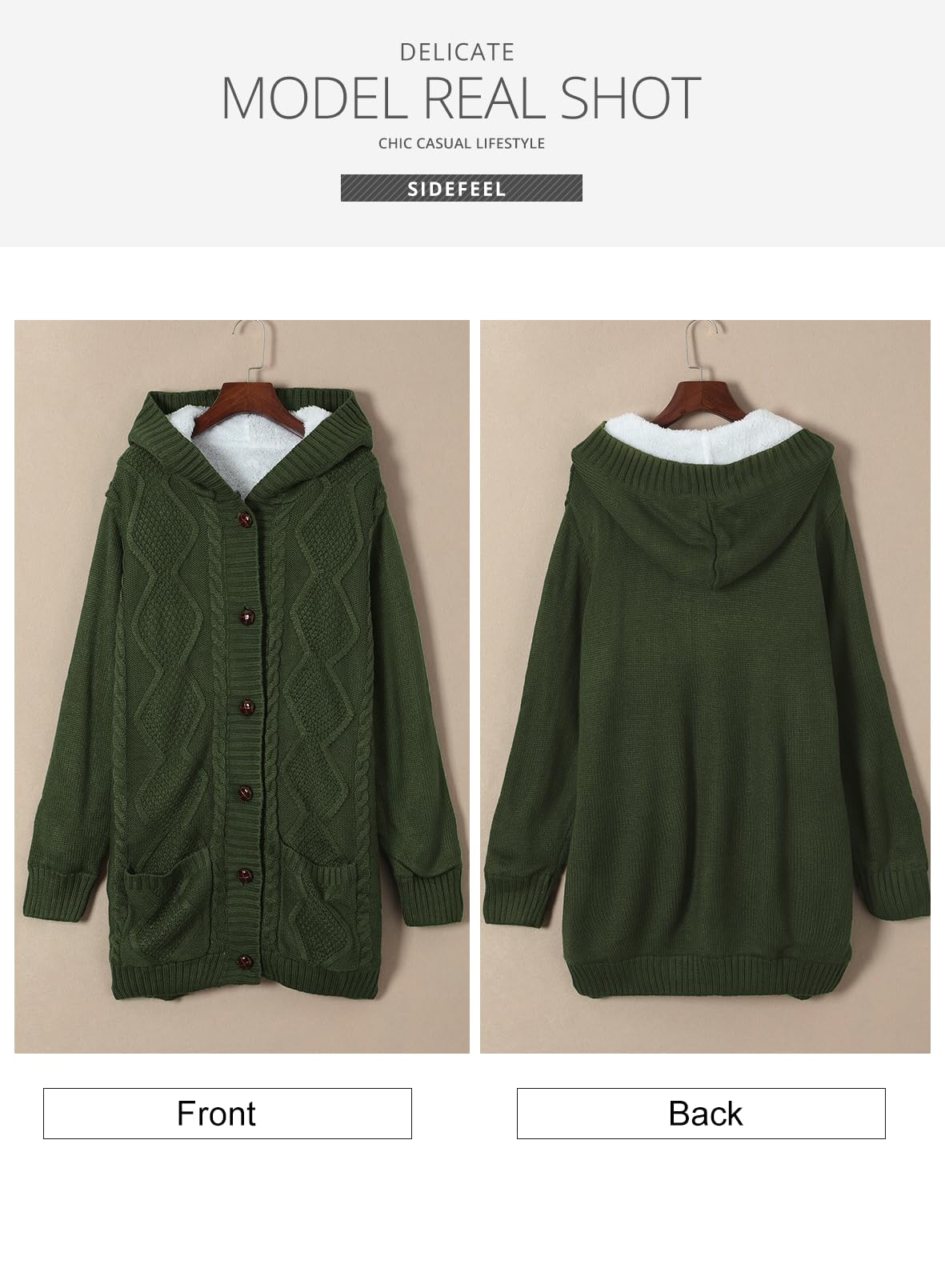 Sidefeel Women's Fleece-Lined Hooded Cardigan Sweater - Winter Button Down Jacket with Pockets | Cozy Outerwear for Casual Wear & Cold Weather