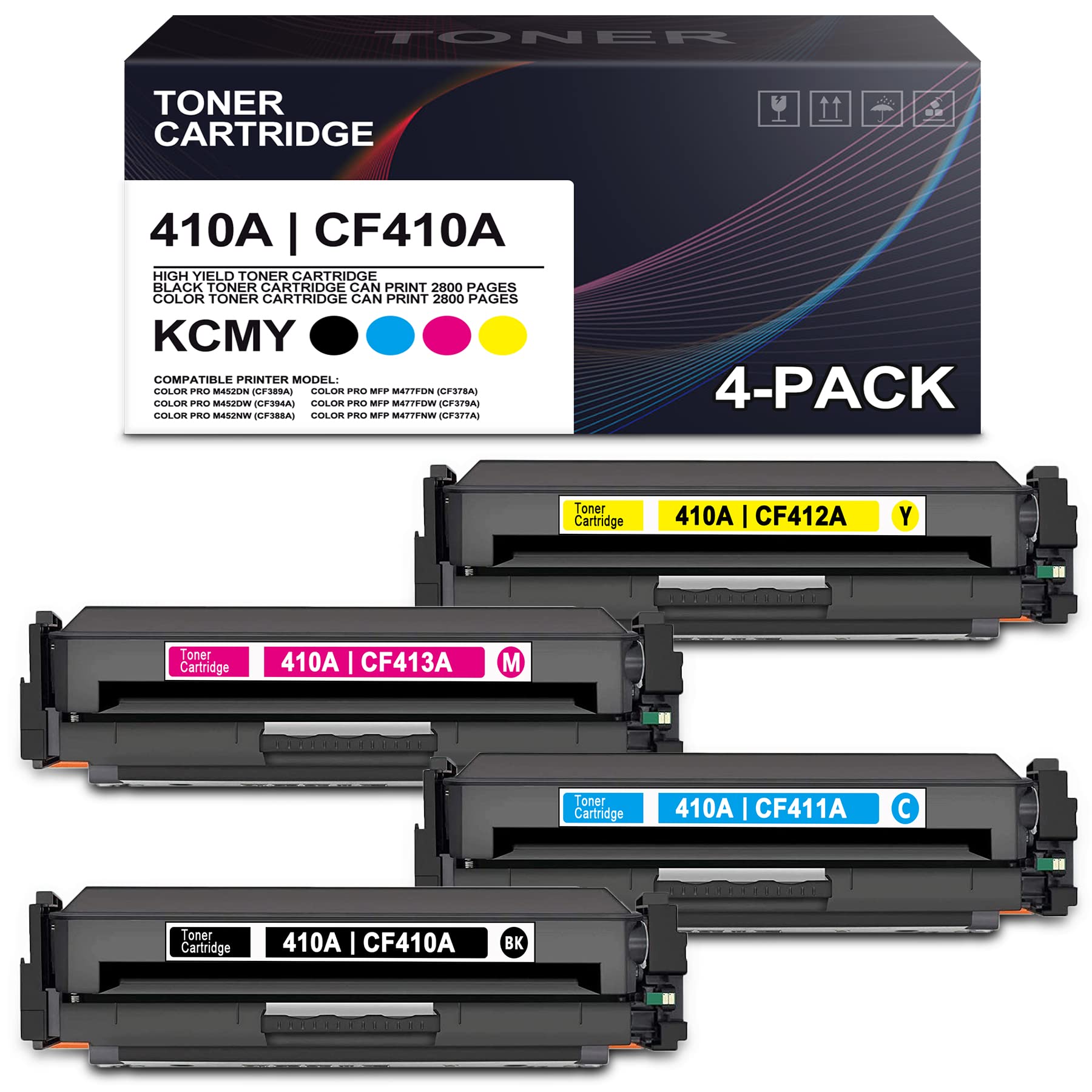 4-Pack (1BK/1C/1M/1Y) HP CF410A CF411A CF412A CF413A Compatible Toner Cartridge Replacement for Color Pro MFP M477fdn M477fdw M477fnw M452dn M452dw Printers - High Yield Printing for Office & Home Use