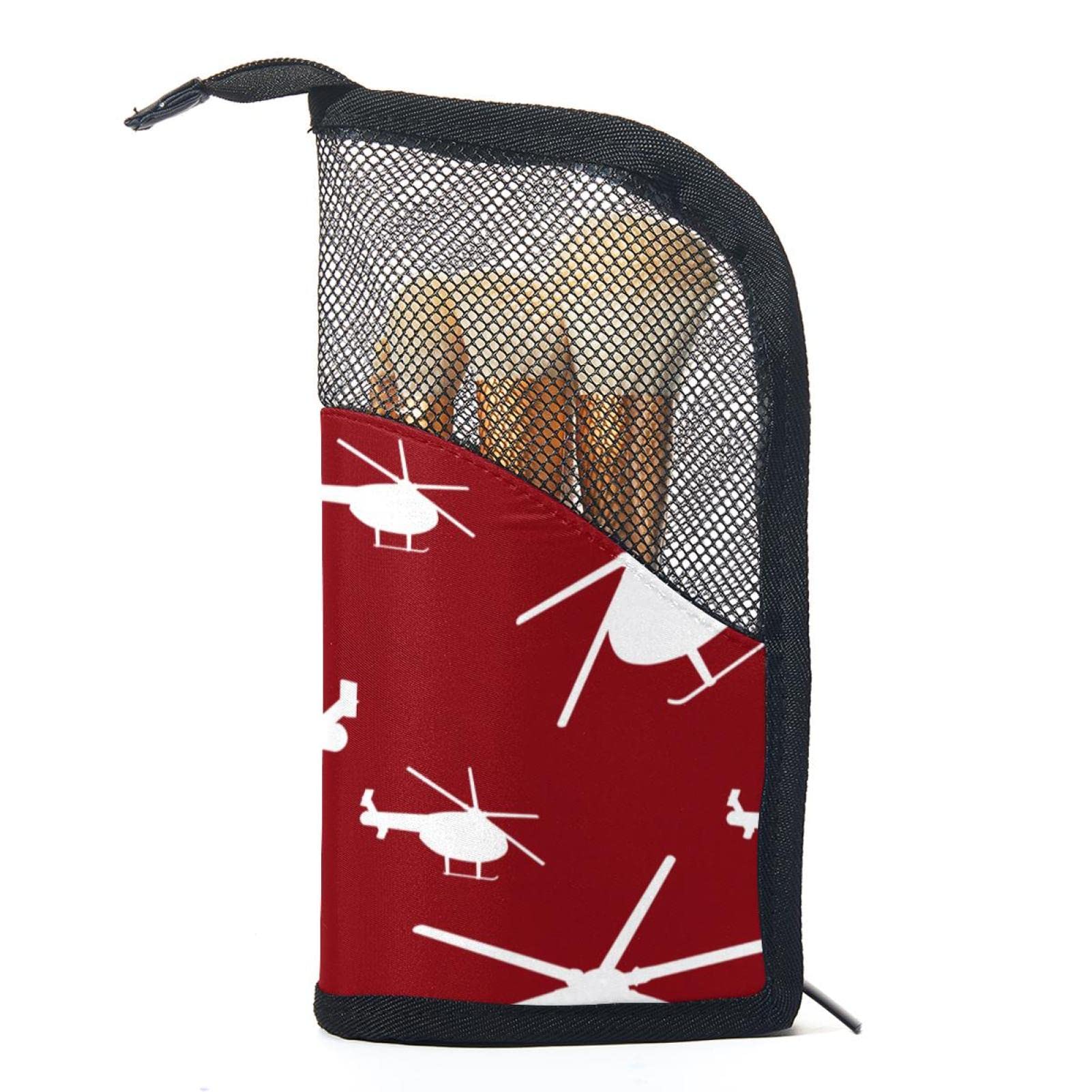 12-Piece Makeup Brush Organizer Bag with Helicopter Silhouette Red Design - Portable Cosmetic Brush Holder Case for Travel, Home & Professional Makeup Artists