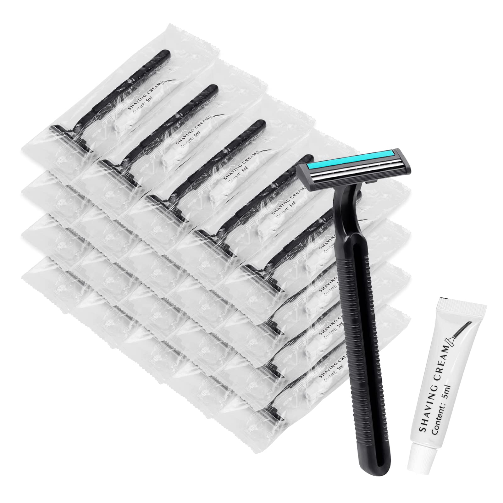 Bulk Disposable Razors with Knife Cap - 30 Pack Individually Wrapped Black Razors with Shaving Cream | Perfect for Hotels, Nursing Homes, Shelters & Charity Organizations | Travel, Grooming & Hygiene Essentials