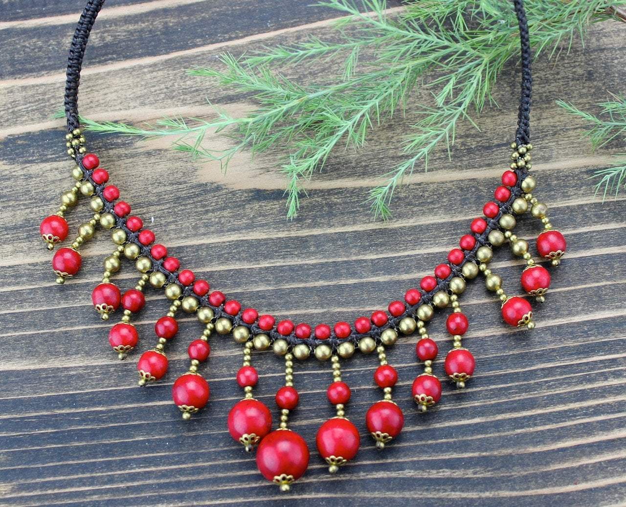 Handmade Brass and Coral Beaded Necklace for Women - Boho Chic Jewelry for Beach Weddings & Summer Fashion Accessories