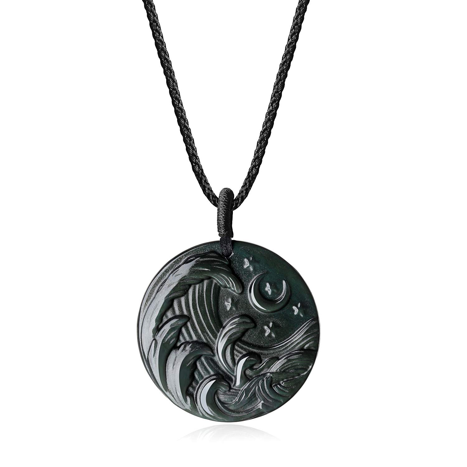 COAI Wave Under Night Sky Black Obsidian Necklace - Stainless Steel Chain or Nylon Cord Options - Protection & Healing Crystal Jewelry for Meditation, Yoga & Spiritual Gifts