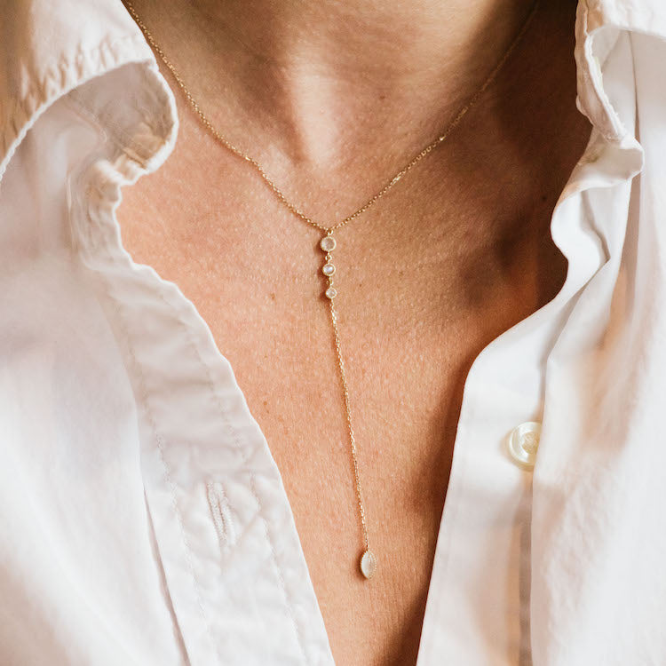 Solid Gold 9 Lives Cats Eye Moonstone Lariat Necklace - Elegant Layering Piece for Women, Perfect for Weddings, Date Nights & Special Occasions