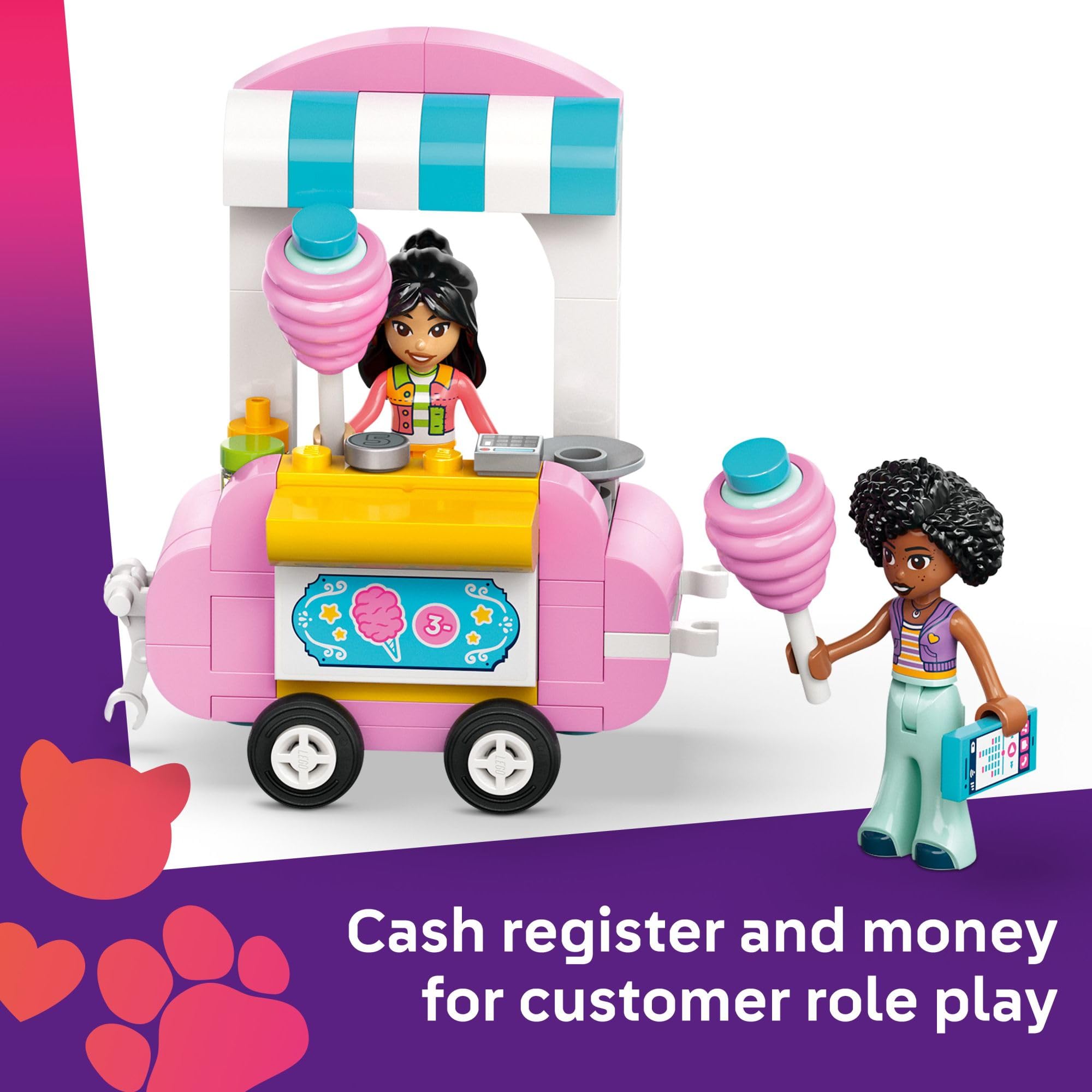 **LEGO Friends Cotton Candy Stand and Scooter Building Toy Set for Kids Ages 6+ - Pretend Play with 2 Minidolls, Wheelable Food Cart & Accessories - Perfect Birthday Gift for Girls & Boys - Creative Play for Parties & Playdates - 42643**