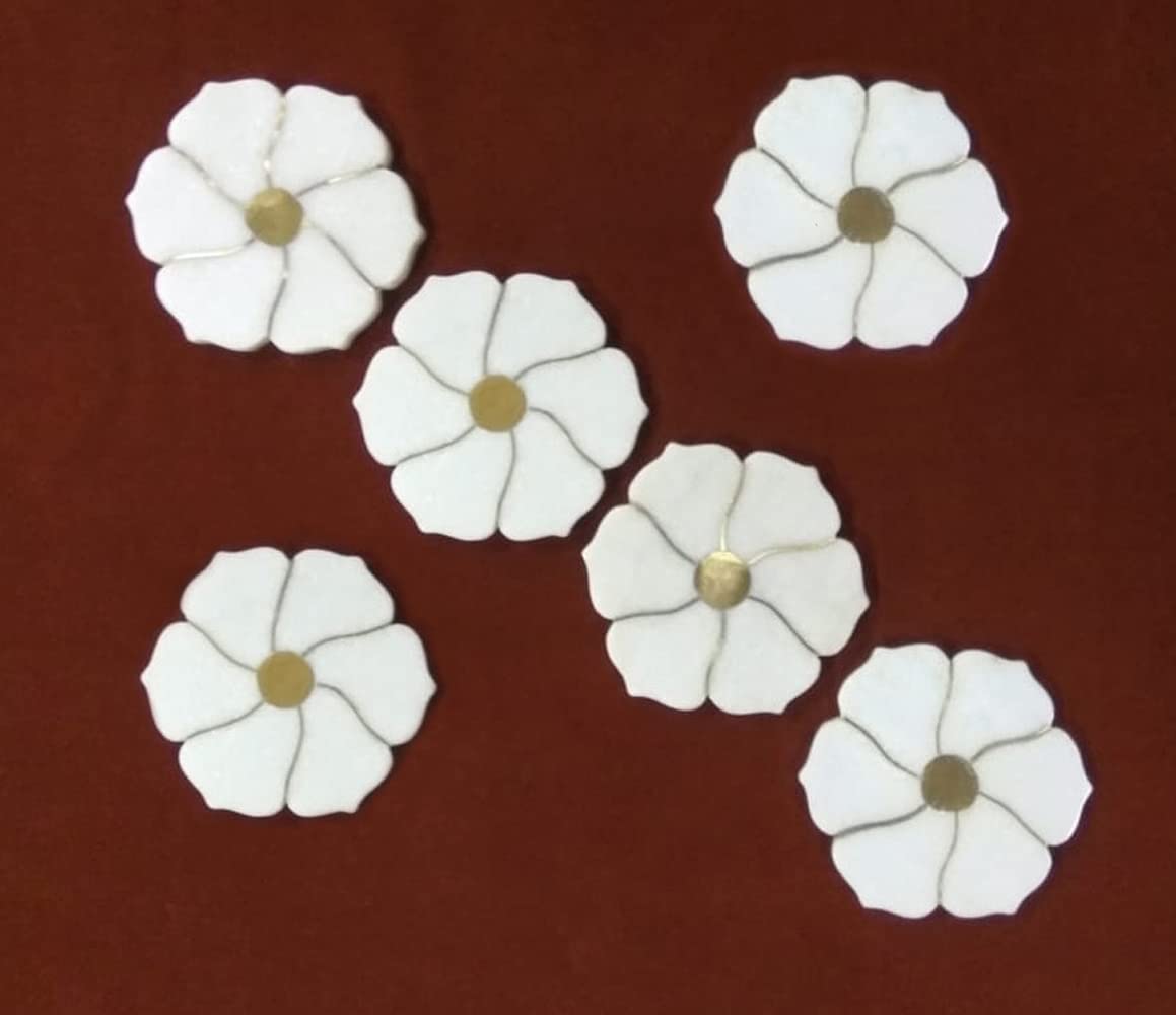 White Marble Coasters Set of 6 with Golden Brass Inlay - 5 Inch Round Drink Coasters for Tea, Coffee & Wine - Elegant Tableware & Bar Accessories for Dining Table, Home Decor & Gift Giving