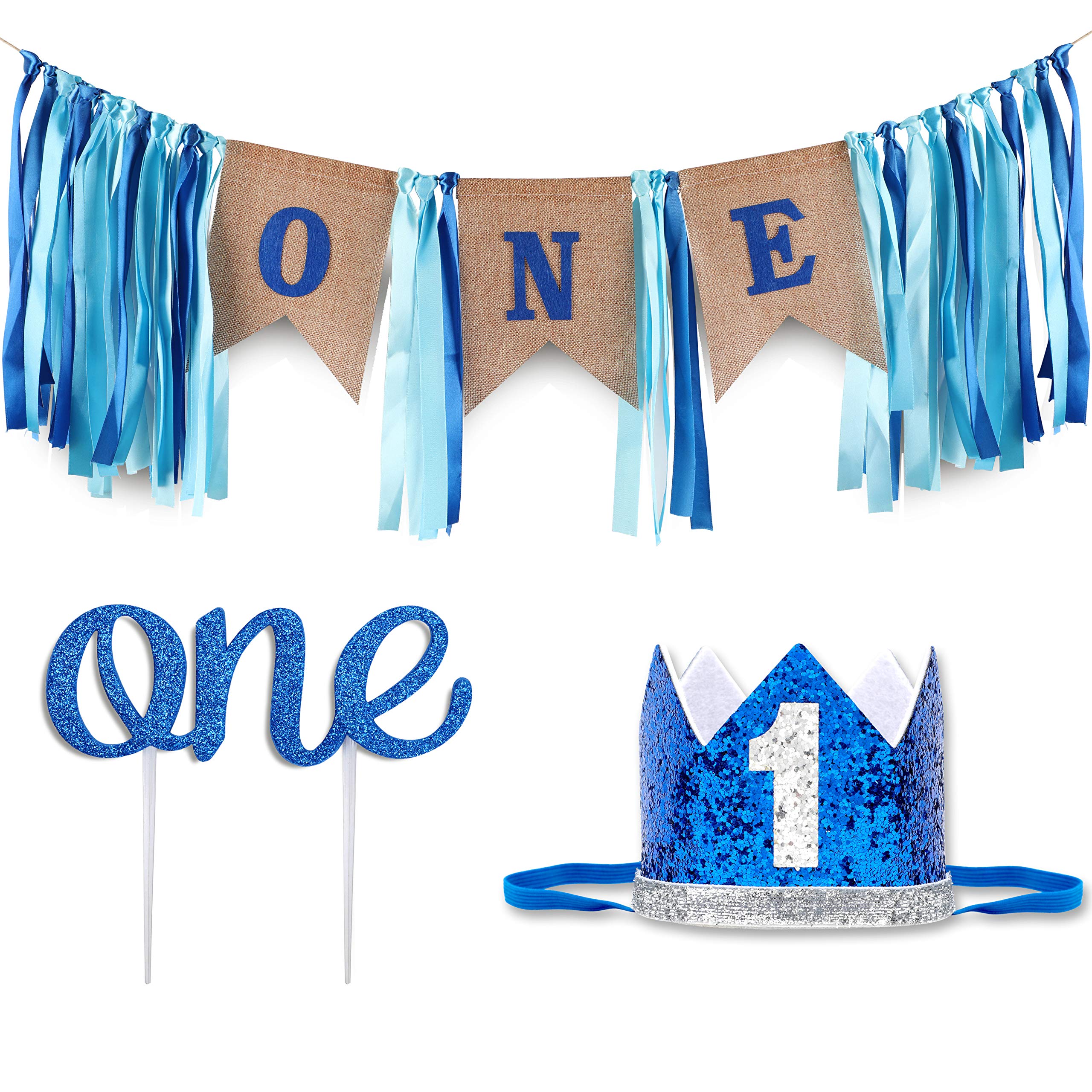 Baby Boy 1st Birthday Decorations Set - Silver & Blue Crown & High Chair Banner for Cake Smash Party - Happy Birthday ONE Burlap Sign - Perfect for First Birthday Photos, Cake Smash Sessions & Milestone Celebrations