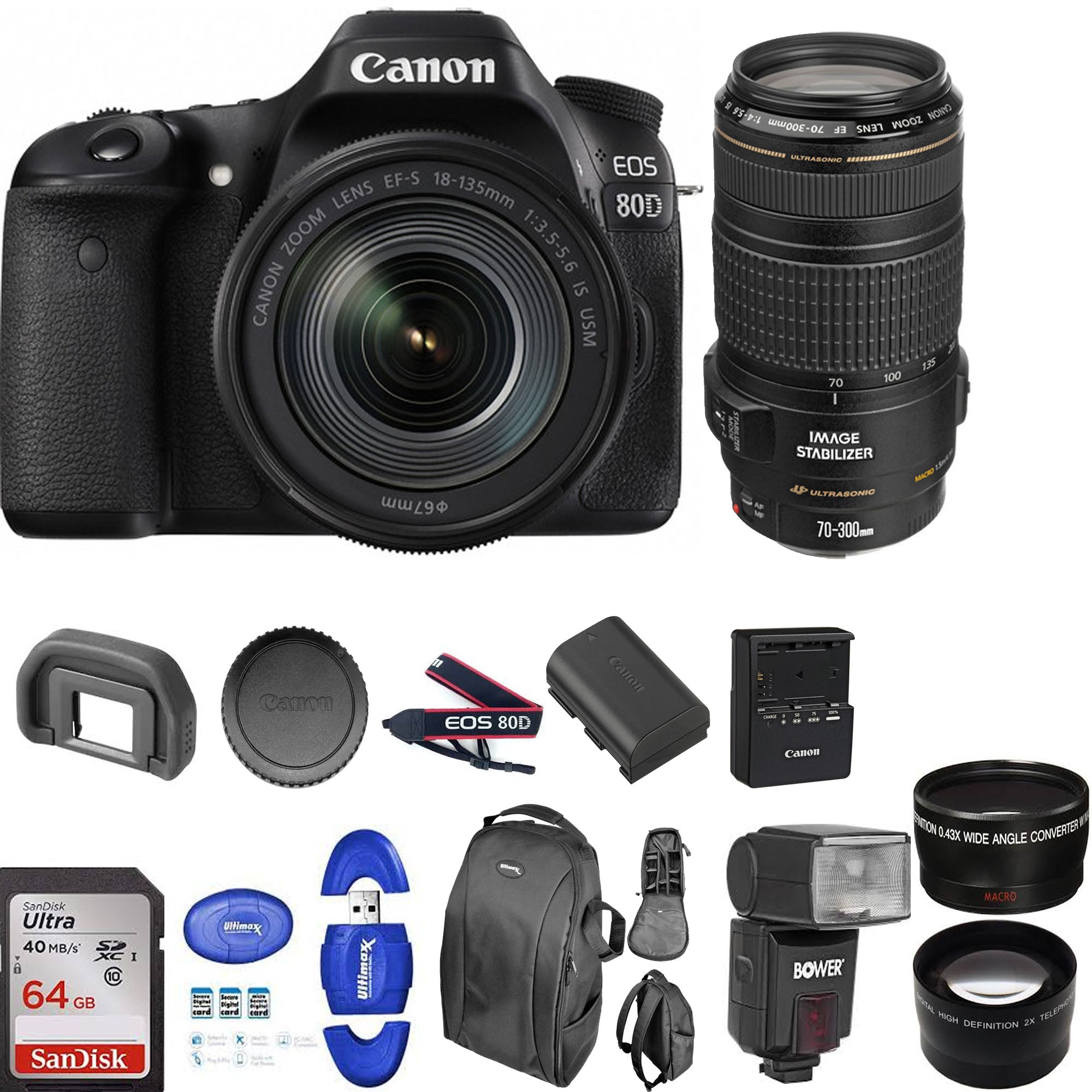 Canon EOS 80D DSLR Camera Bundle with 18-135mm & 70-300mm USM Lenses, 64GB Memory Card - Professional Photography Kit for Travel, Sports & Wildlife Shooting