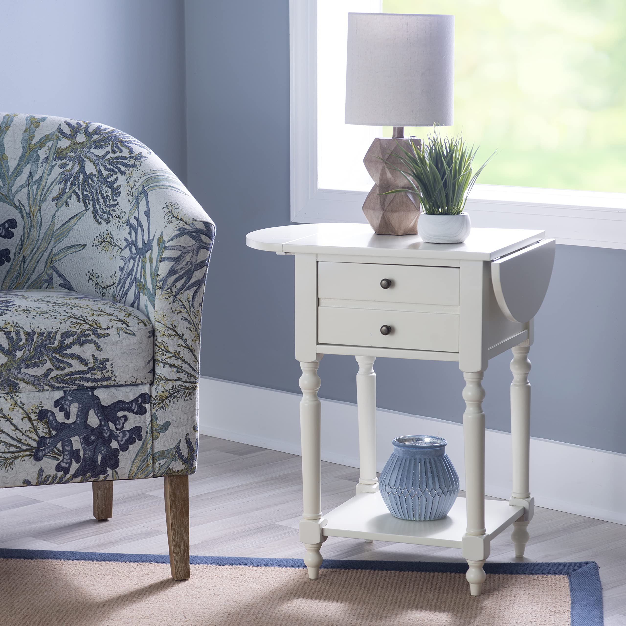 Powell Furniture Shiloh Drop Leaf Accent Table - Antique White Small Side Table for Living Room, Bedroom & Entryway | Compact Space-Saving Design