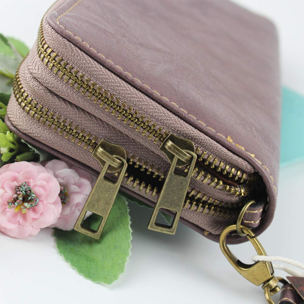 RFID Blocking Women's Long Clutch Wallet with Double Zipper & Hand Strap - Secure Card Holder for Cash, Coins, Bills & Smartphone (Grey Purple) | Perfect for Travel, Shopping & Everyday Use
