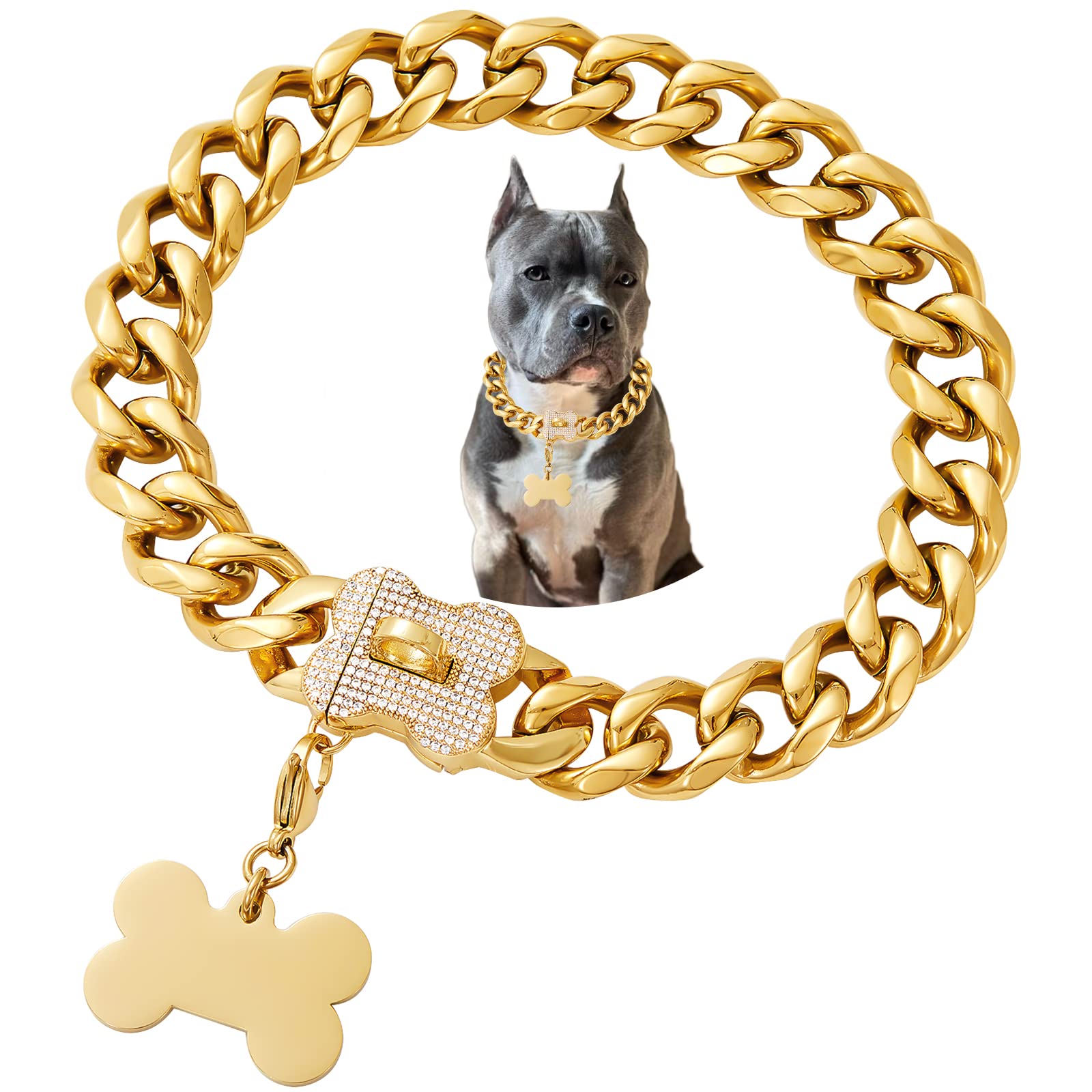 Premium Gold Cuban Link Dog Collar for Medium & Large Breeds - Heavy Duty Bulldog Collar for Walking, Training & Outdoor Adventures (Ideal for Pitbulls, German Shepherds & Rottweilers)