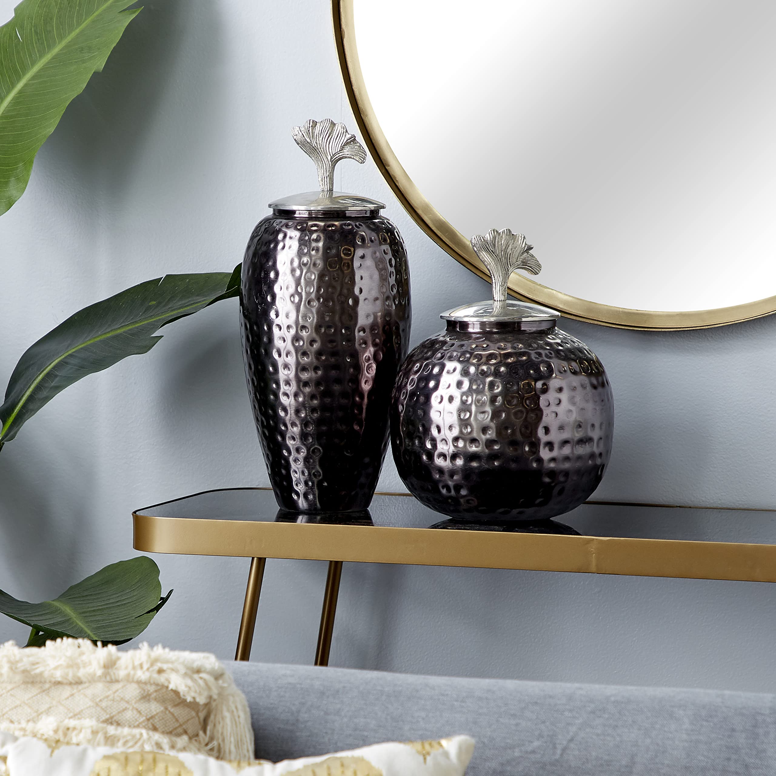 Deco 79 Hammered Metal Decorative Jars with Gingko Leaf Finials - Set of 2 (17