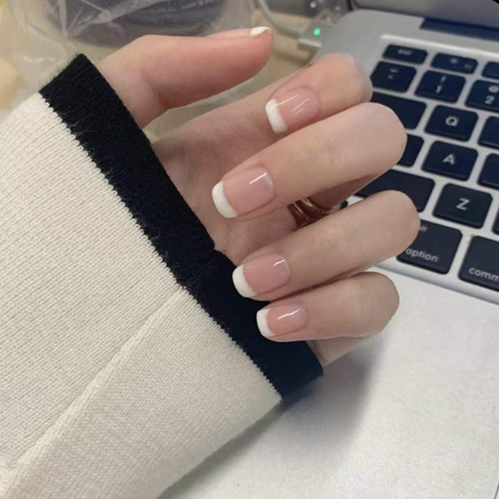 24Pcs Short French False Nails - Natural Acrylic Fake Nails with 12Pcs Double-Sided Adhesive Tapes - Perfect for Gel Polish Application, Home Manicure & Nail Art DIY