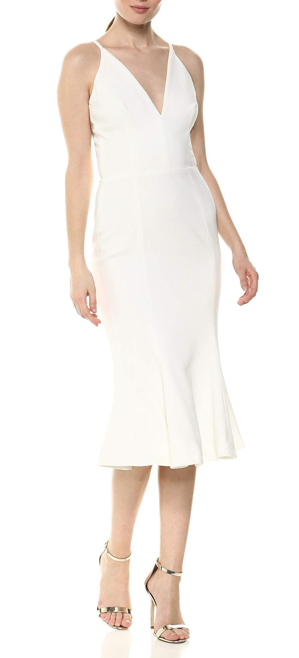 Dress the Population Women's Isabelle Plunging Spaghetti Strap Mermaid Fitted Midi Dress - Elegant Evening Gown for Cocktail Parties, Weddings & Date Nights