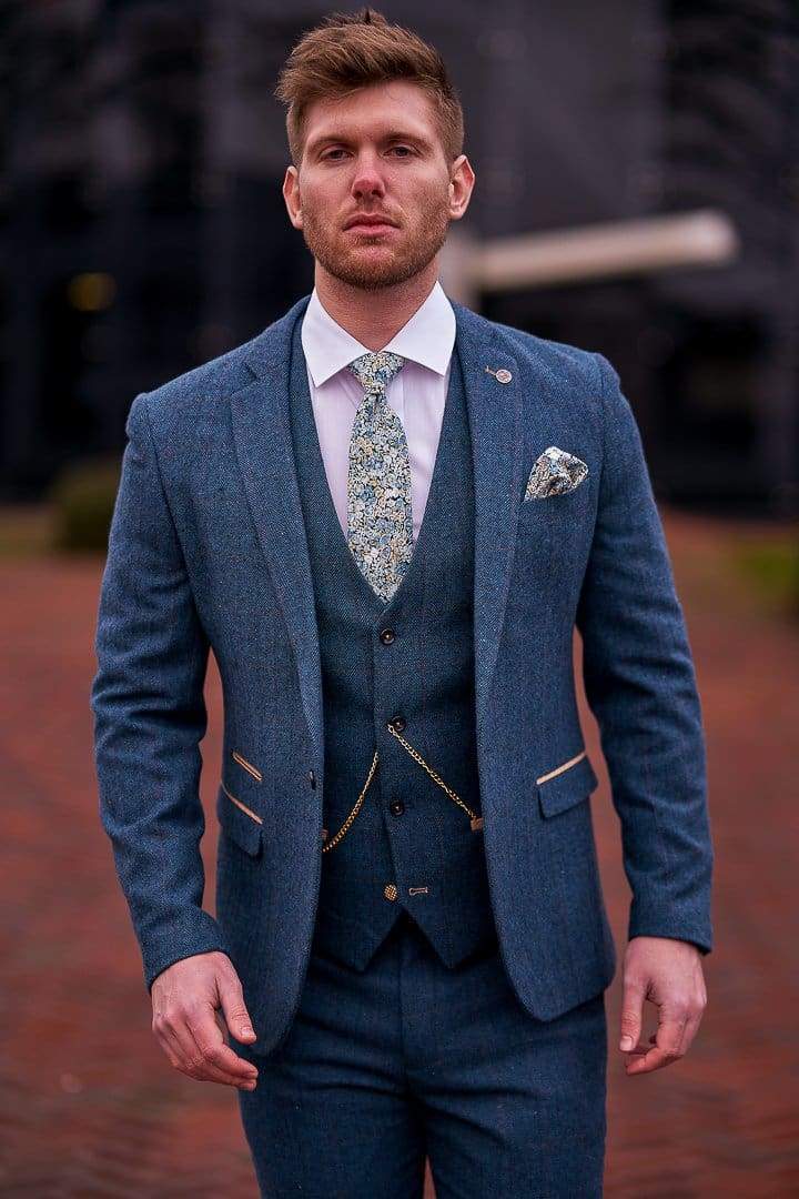 Marc Darcy Dion Teal Blue Tweed Slim Fit Wedding 3 Piece Suit for Groom, Best Man & Formal Events - Perfect for Weddings, Prom & Special Occasions