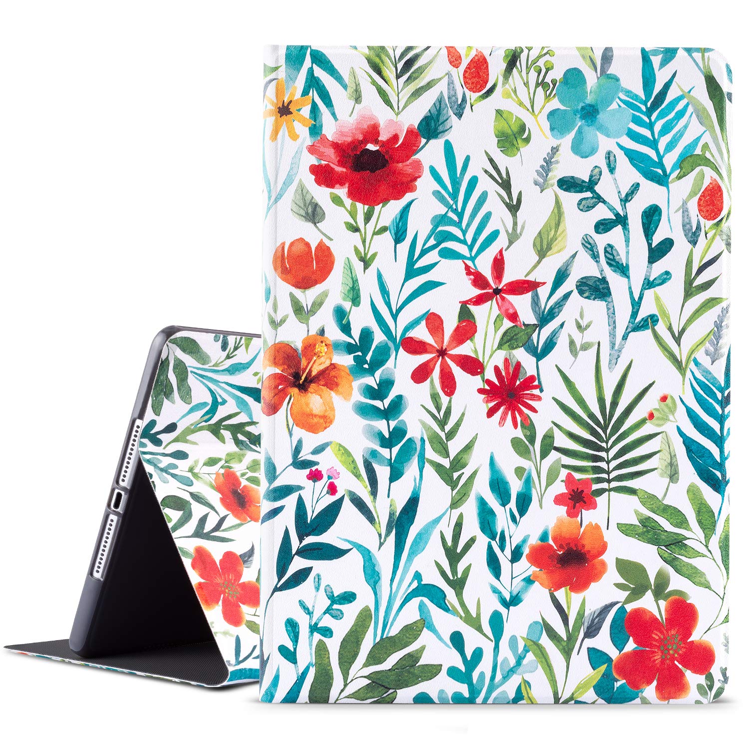 Premium Leather iPad 9.7 Case for iPad Air 1/2 & 5th/6th Gen (2017-2018) - Auto Wake/Sleep Smart Cover with Adjustable Stand | Floral White Design | Perfect for Work, Travel & Home Use