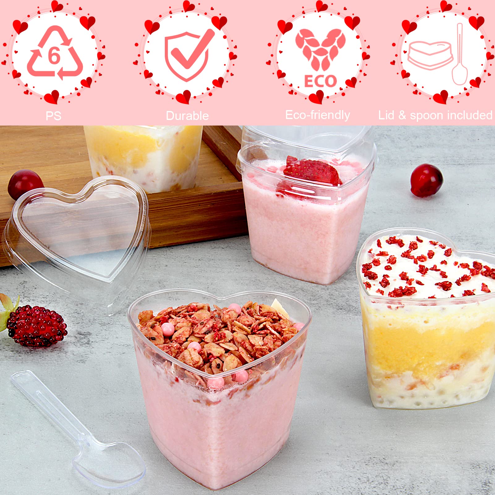 60 Pack 5 oz Clear Heart-Shaped Plastic Dessert Cups with Lids & Spoons - Perfect for Parfaits, Appetizers, Mother's Day Gifts, Weddings & Bridal Showers - Ideal for Party Serving, Holiday Events & Romantic Celebrations